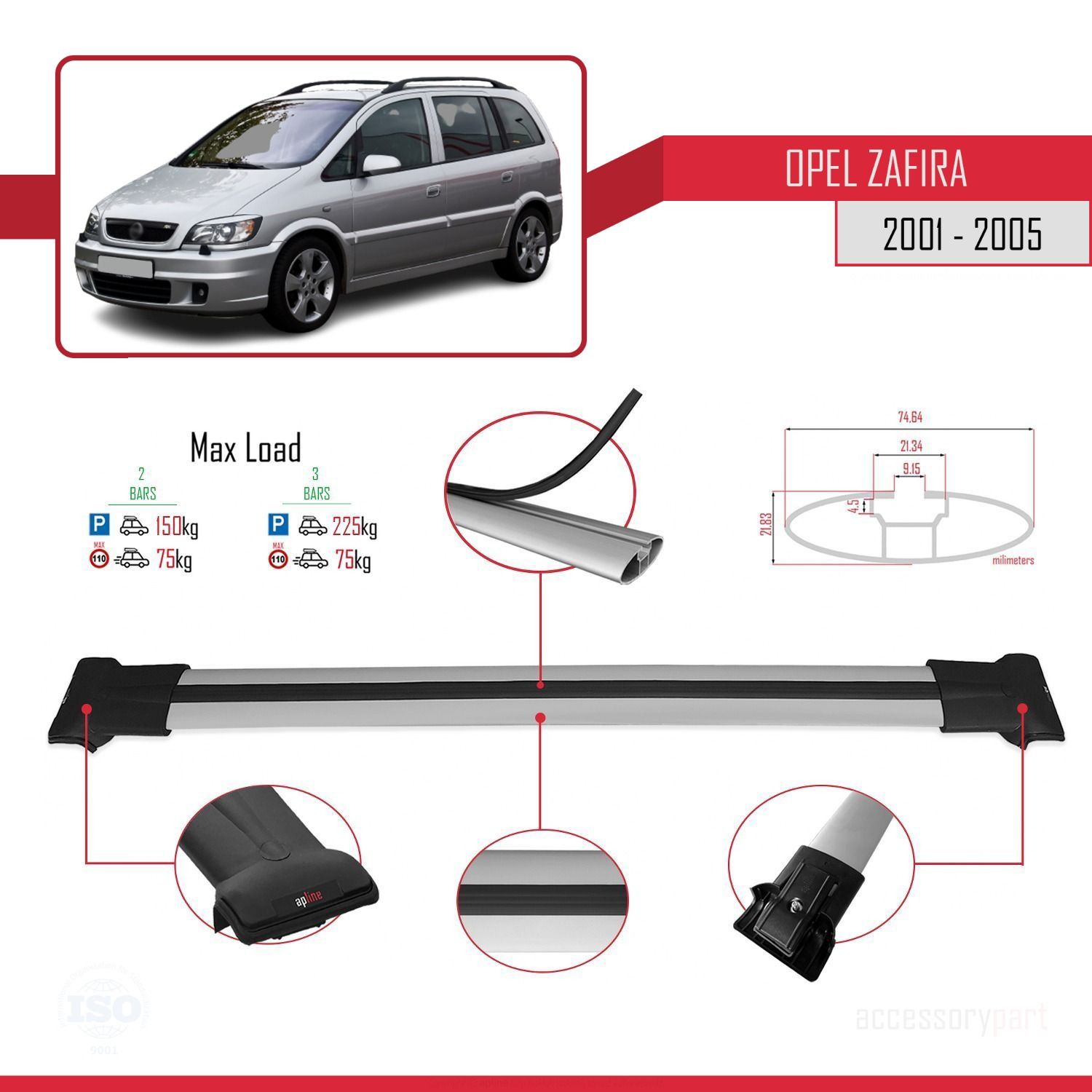 Opel Zafira 2001-2005 Arası ile uyumlu FLY Model Ara Atkı Tavan Barı GRİ