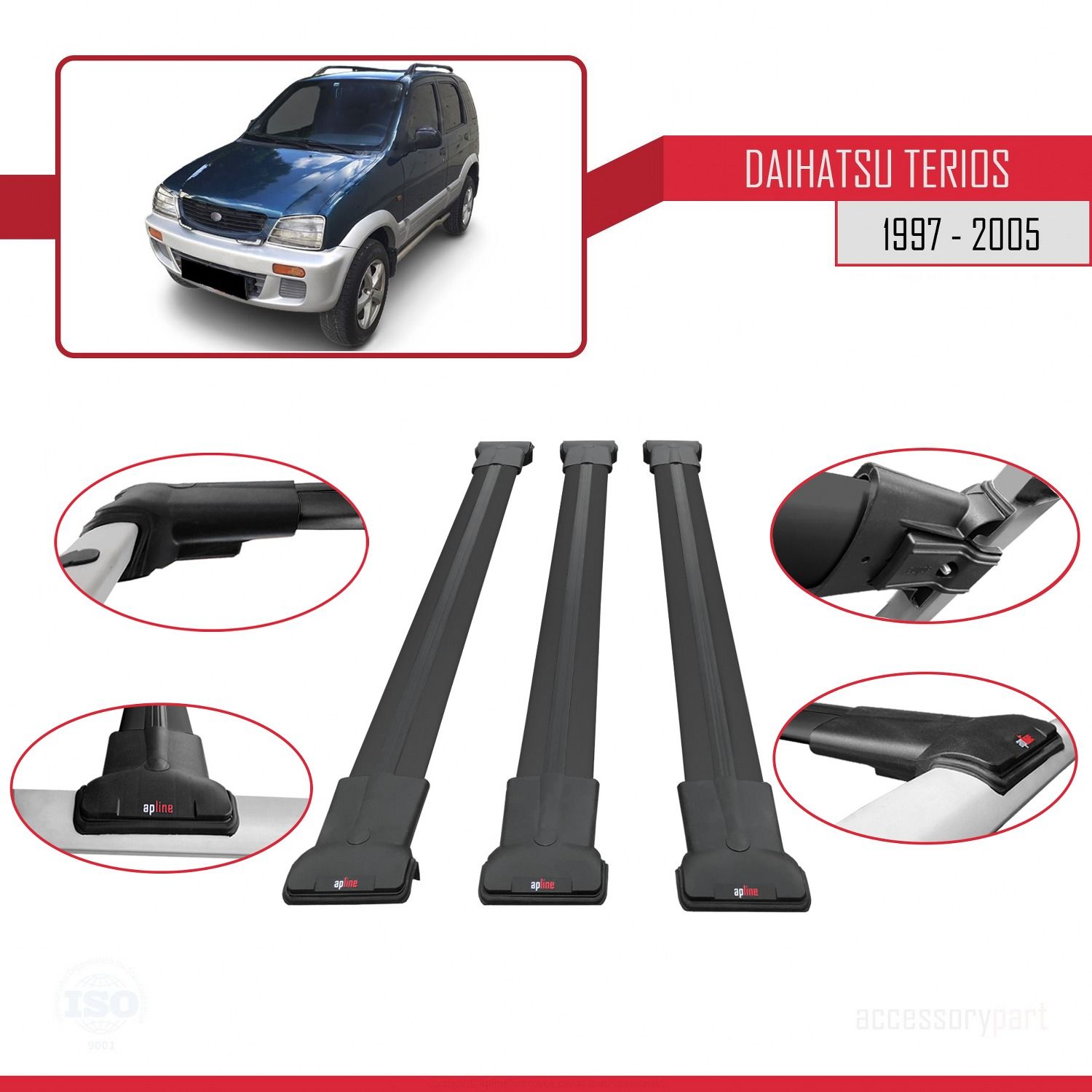 Daihatsu Terios 1997-2005 Arası ile Uyumlu FLY Model Ara Atkı Tavan Barı SİYAH 3 ADET BAR