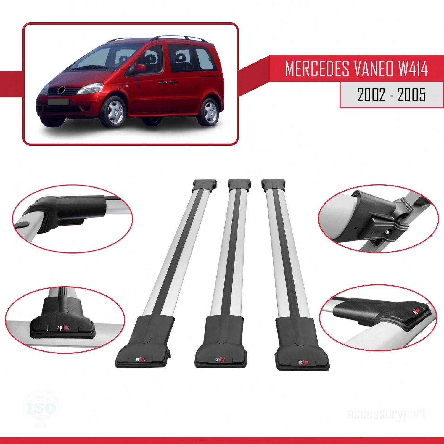 Mercedes Vaneo (W414) 2002-2005 Arası ile uyumlu FLY Model Ara Atkı Tavan Barı GRİ 3 ADET BAR