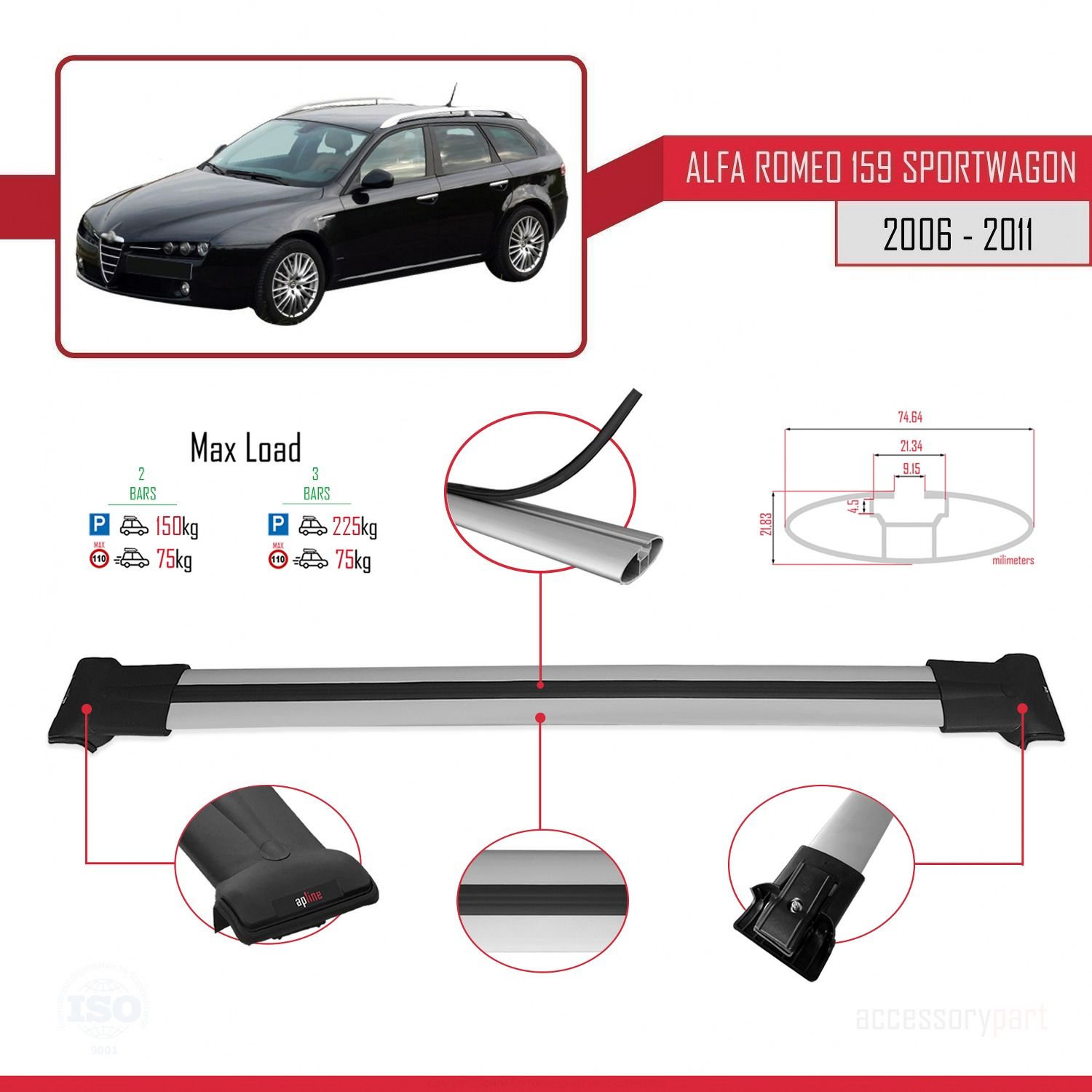 Alfa Romeo 159 SPORTWAGON 2006-2011 Arası ile uyumlu FLY Model Ara Atkı Tavan Barı GRİ