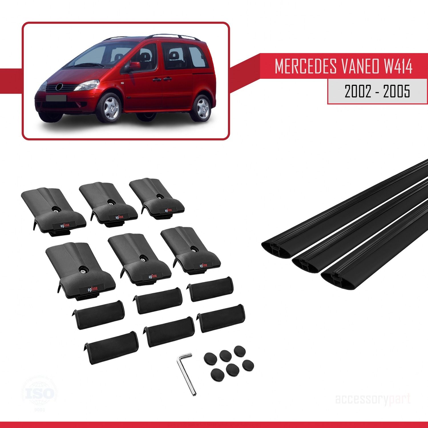 Mercedes Vaneo (W414) 2002-2005 Arası ile uyumlu FLY Model Ara Atkı Tavan Barı SİYAH 3 ADET BAR