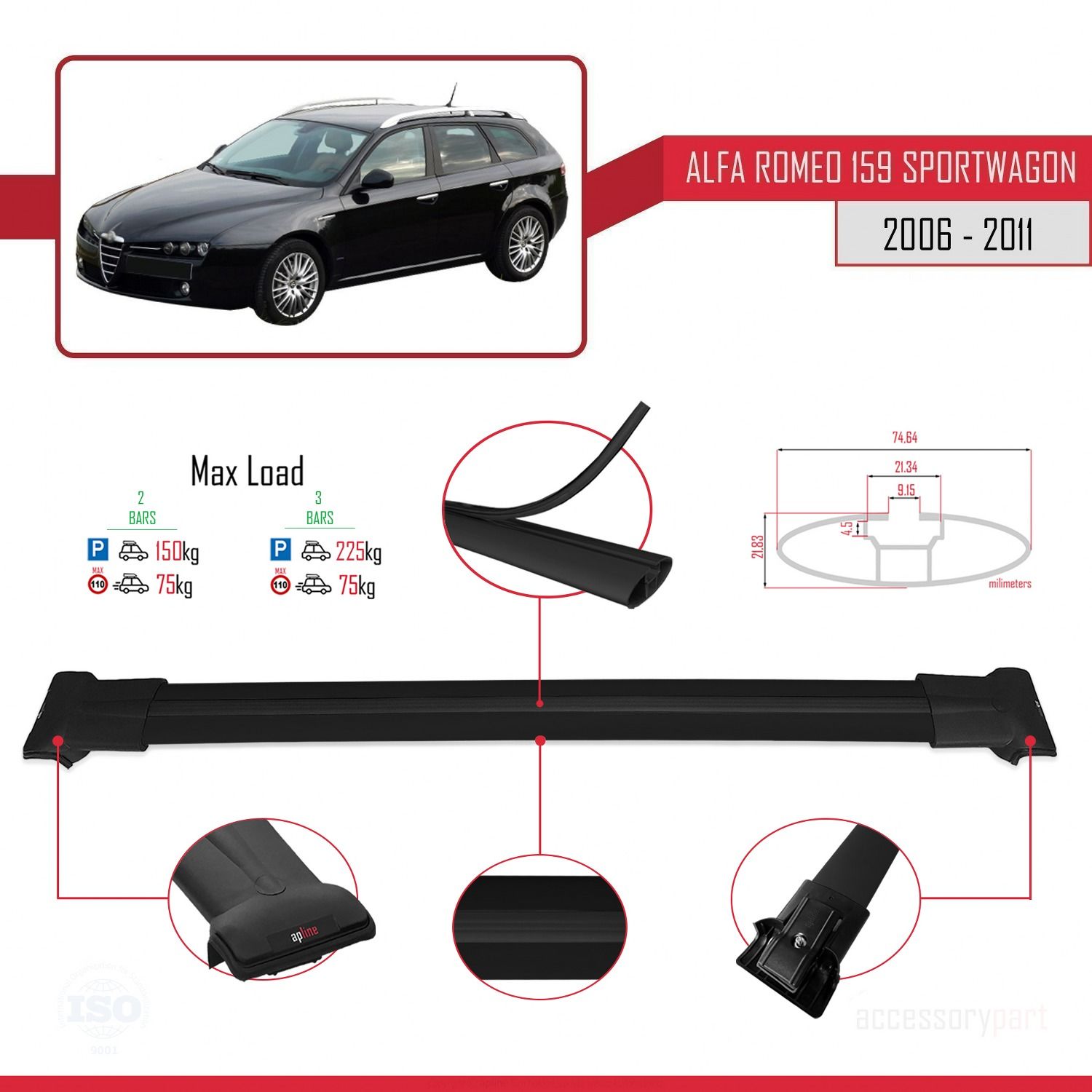 Alfa Romeo 159 SPORTWAGON 2006-2011 Arası ile uyumlu FLY Model Ara Atkı Tavan Barı SİYAH