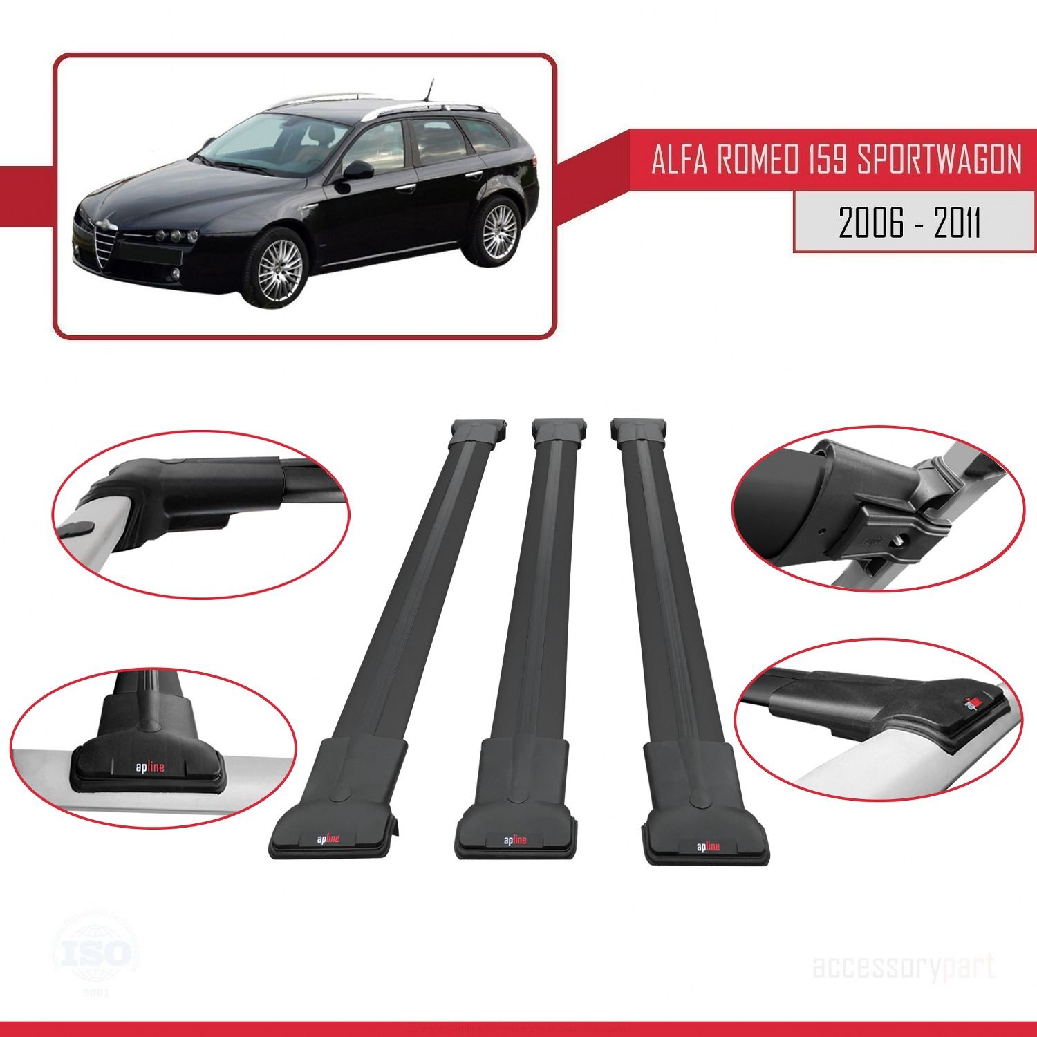 Alfa Romeo 159 SPORTWAGON 2006-2011 Arası ile Uyumlu FLY Model Ara Atkı Tavan Barı SİYAH 3 ADET BAR