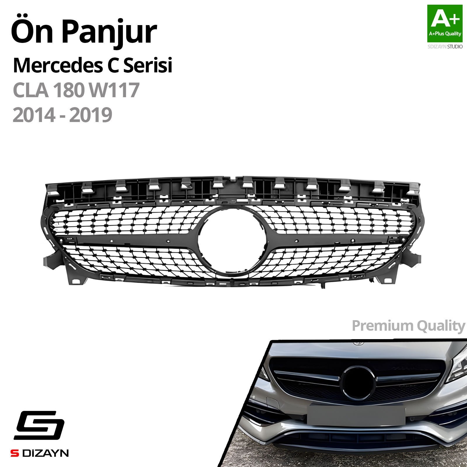 S-Dizayn Mercedes CLA180 W117 Ön Panjur Parlak Siyah Piano Black Diamond Model 2014-2019