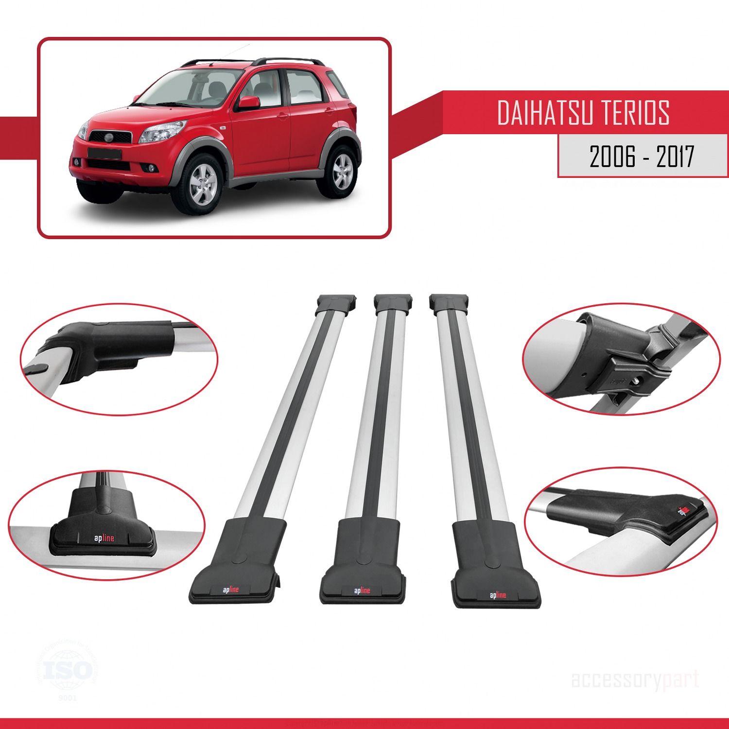 Daihatsu Terios 2006-2017 Arası ile Uyumlu FLY Model Ara Atkı Tavan Barı GRİ 3 ADET BAR