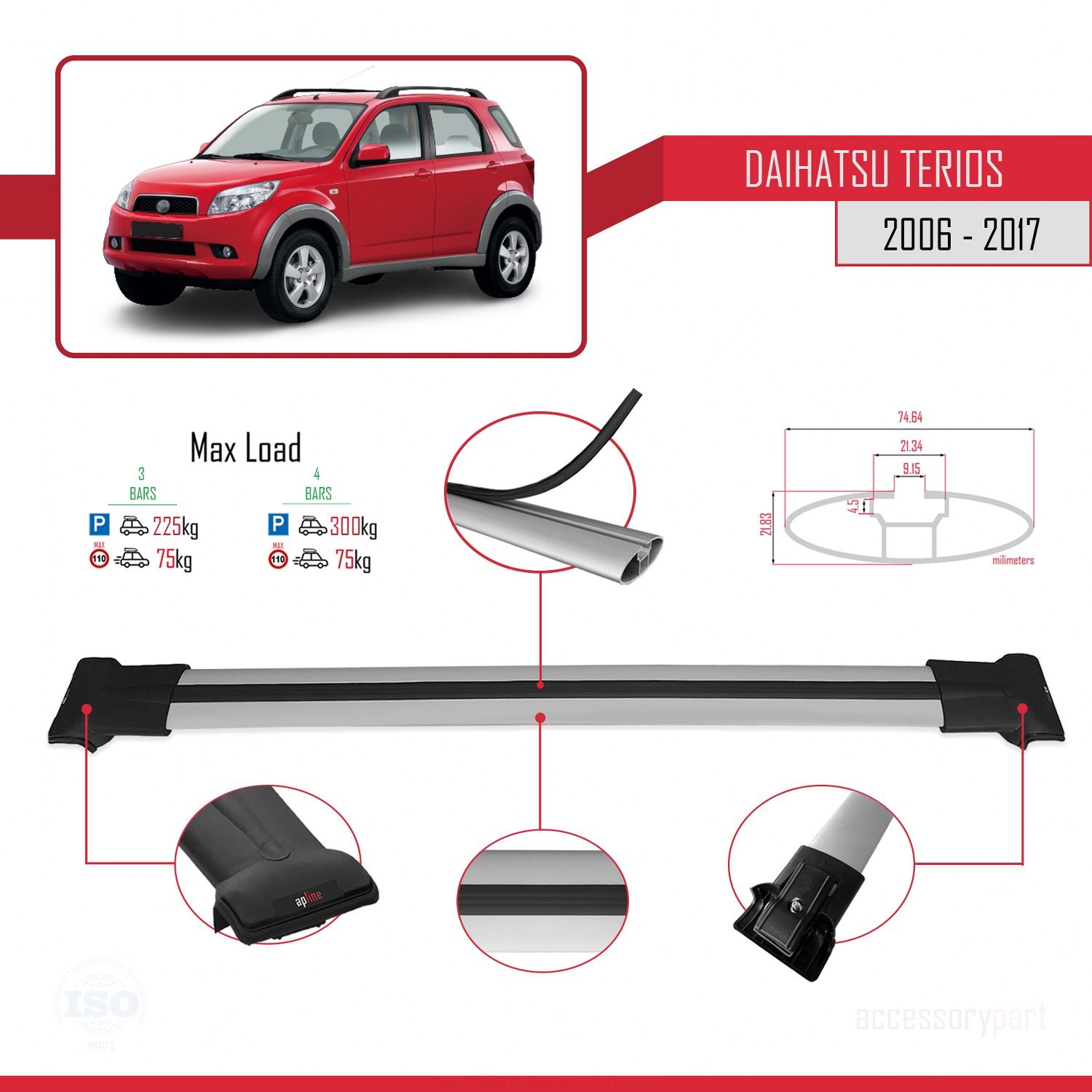 Daihatsu Terios 2006-2017 Arası ile Uyumlu FLY Model Ara Atkı Tavan Barı GRİ 3 ADET BAR