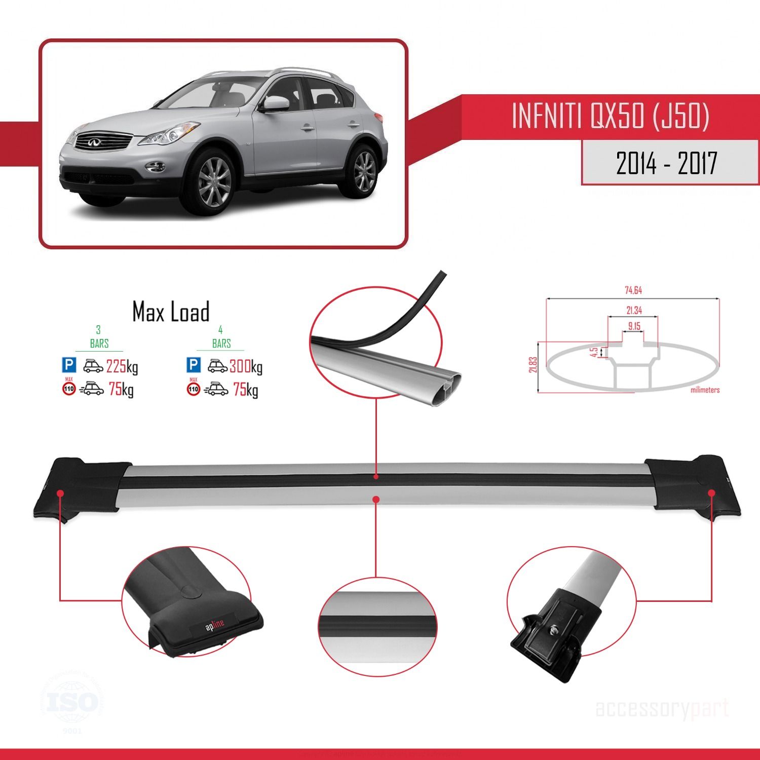Infiniti QX50 (J50) 2014-2017 Arası ile Uyumlu FLY Model Ara Atkı Tavan Barı GRİ 3 ADET BAR