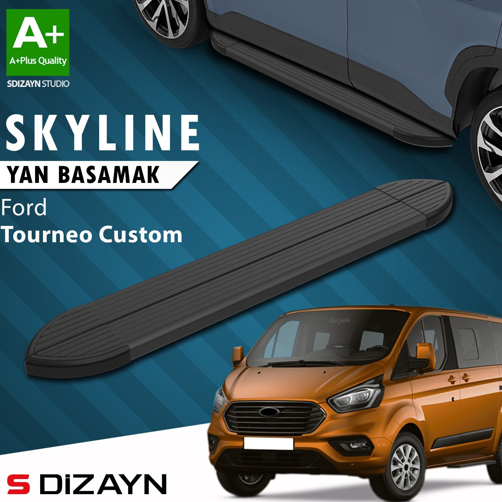 S-Dizayn Ford Tourneo Custom Kısa Şase Skyline Siyah Yan Basamak 203 Cm 2012-2023 A+ Kalite