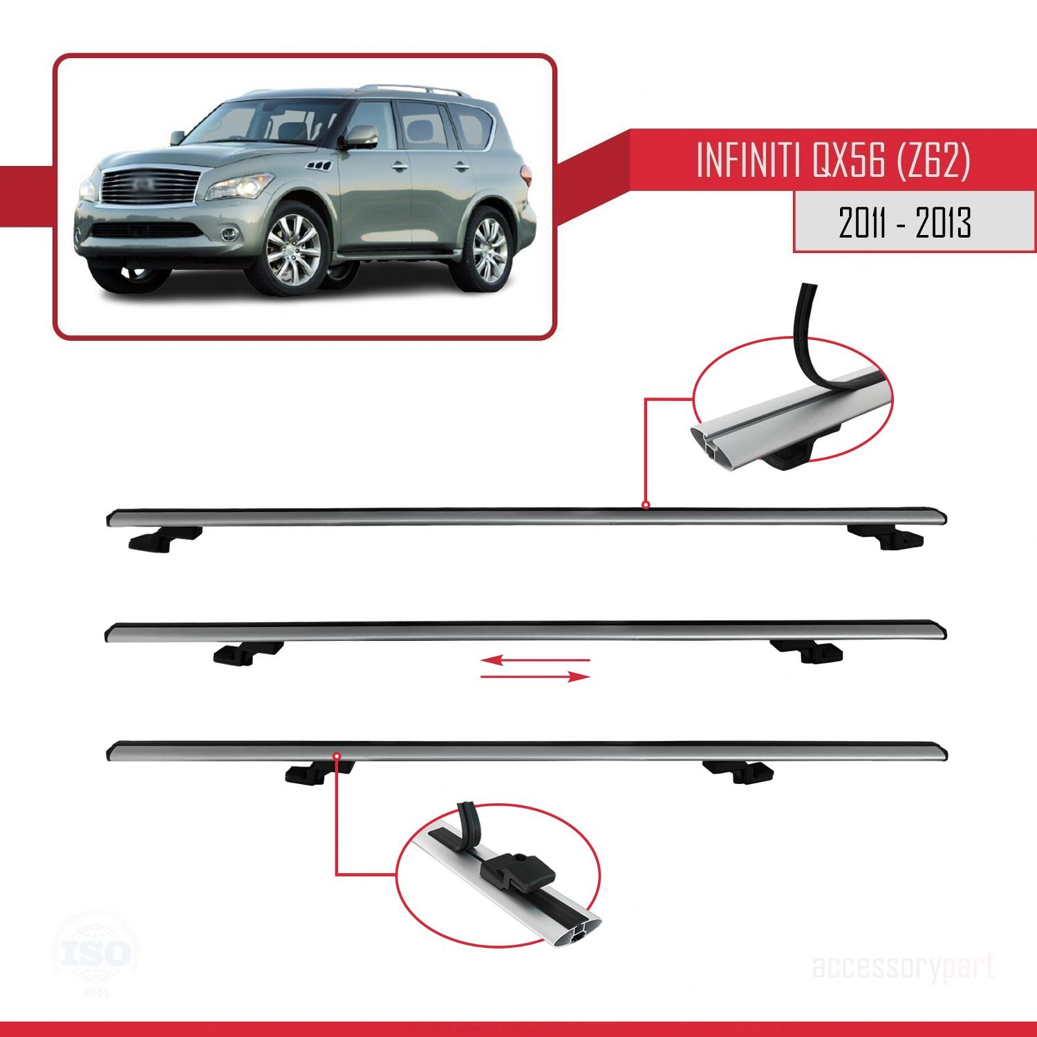 Infiniti QX56 Z62 2011-2013 Arası ile uyumlu Basic Model Ara Atkı Tavan Barı GRİ 3 ADET