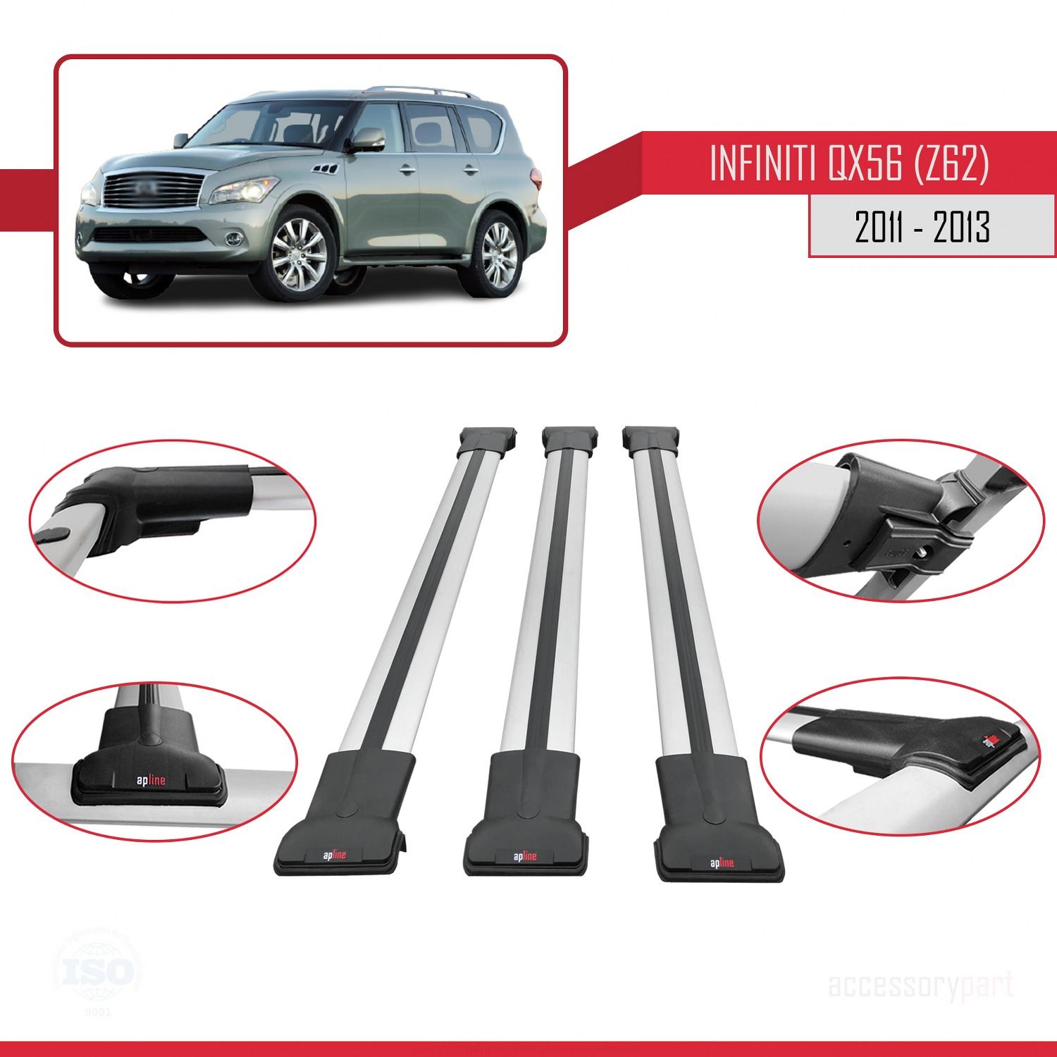 Infiniti QX56 Z62 2011-2013 Arası ile uyumlu FLY Model Ara Atkı Tavan Barı GRİ 3 ADET BAR