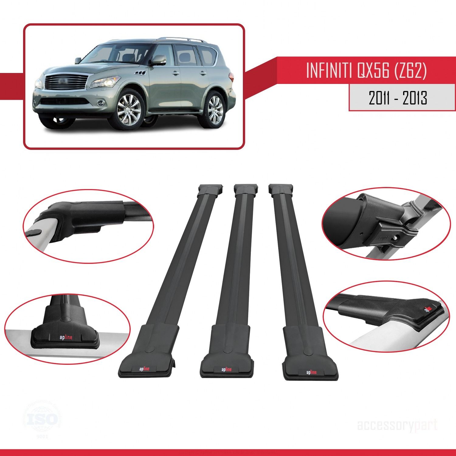 Infiniti QX56 Z62 2011-2013 Arası ile uyumlu FLY Model Ara Atkı Tavan Barı SİYAH 3 ADET BAR