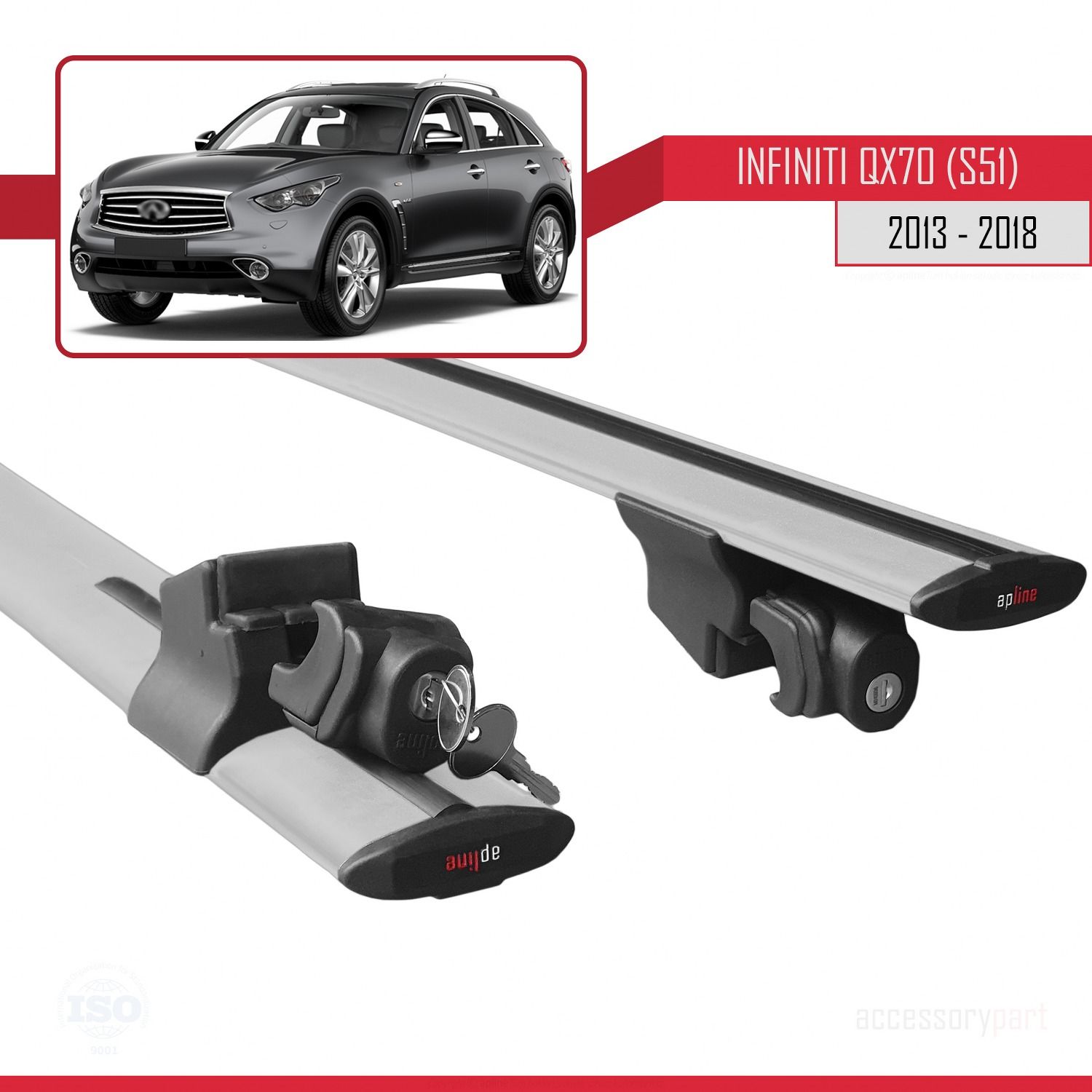 Infiniti QX70 (S51) 2013-2018 Arası ile uyumlu HOOK Model Anahtar Kilitli Ara Atkı Tavan Barı GRİ