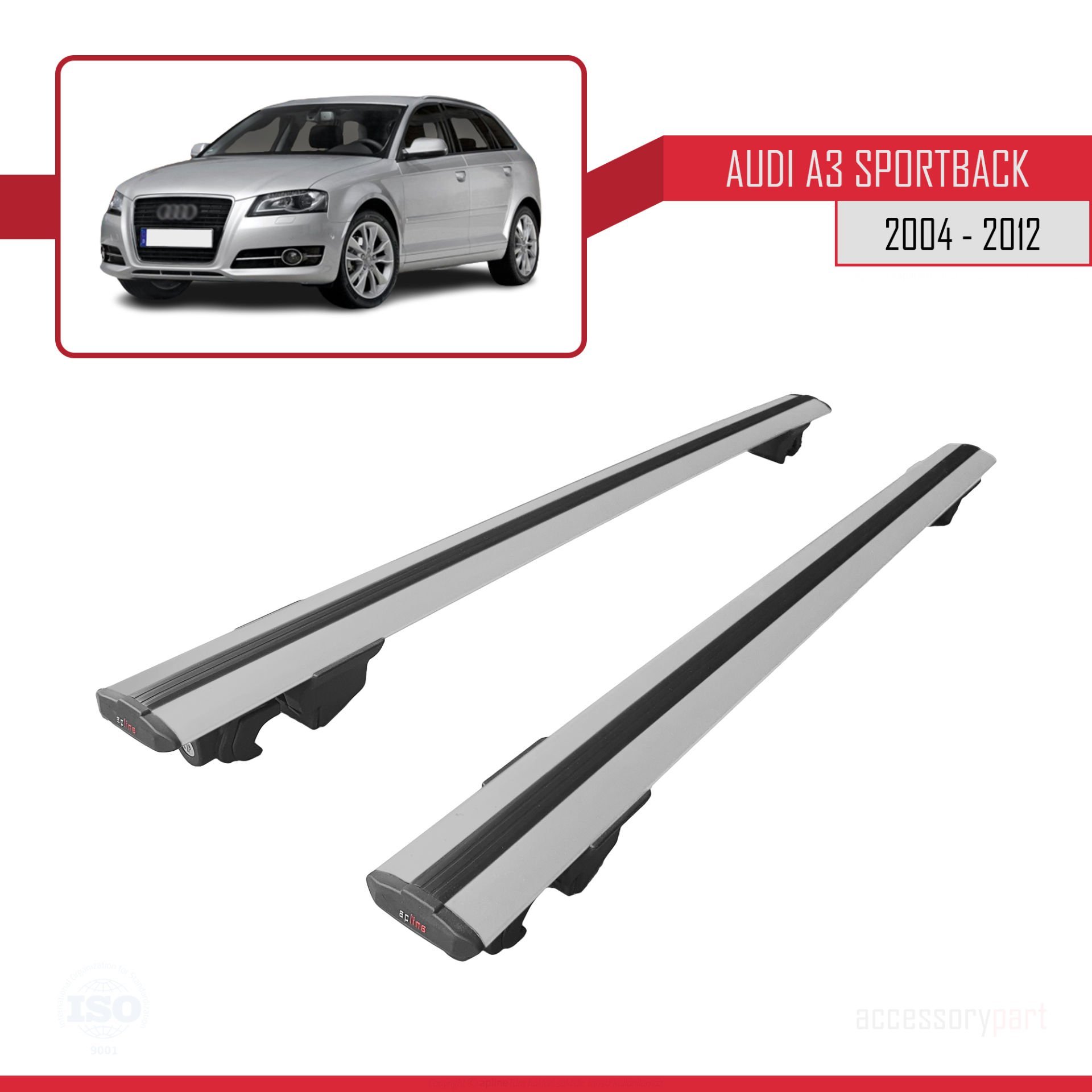 Audi A3 Sportback 2004-2012 Arası ile uyumlu HOOK Model Anahtar Kilitli Ara Atkı Tavan Barı GRİ