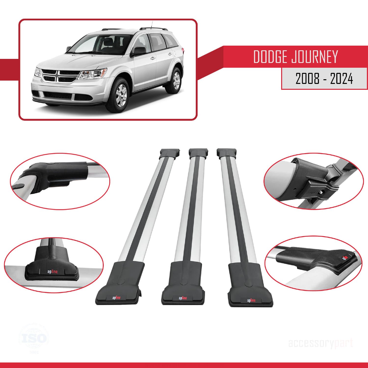 Dodge Journey 2008 ve Sonrası ile Uyumlu FLY Model Ara Atkı Tavan Barı GRİ 3 ADET BAR
