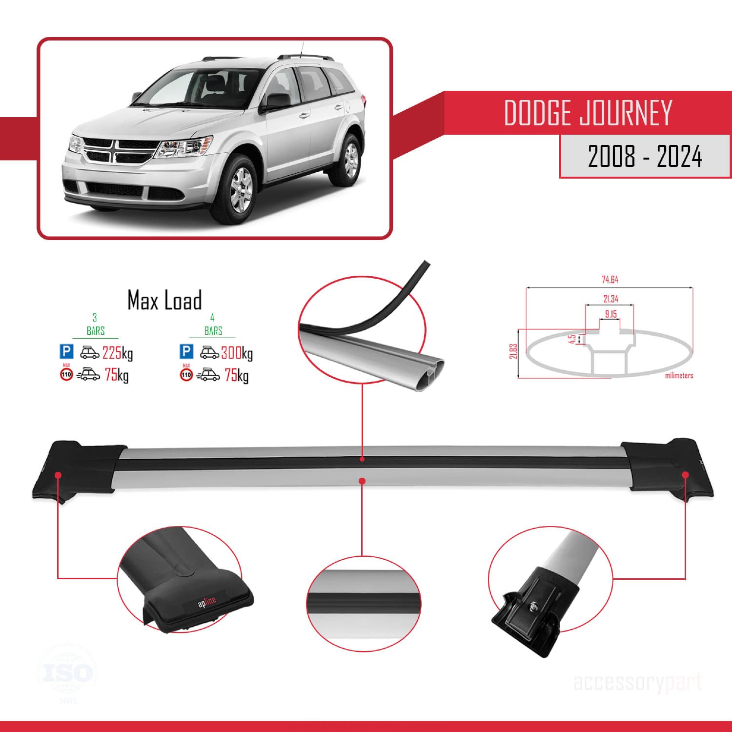 Dodge Journey 2008 ve Sonrası ile Uyumlu FLY Model Ara Atkı Tavan Barı GRİ 3 ADET BAR