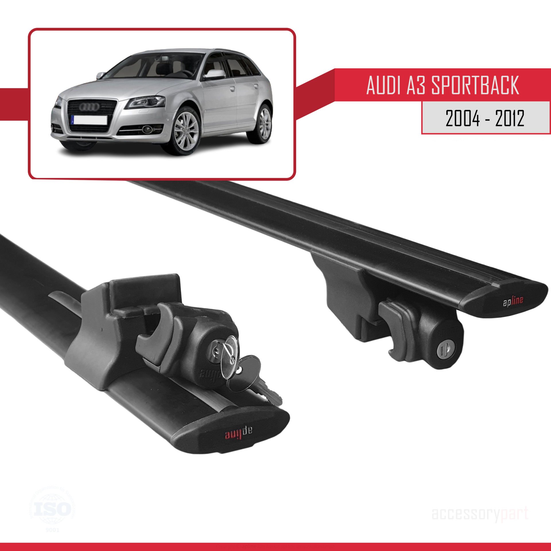 Audi A3 Sportback 2004-2012 Arası ile uyumlu HOOK Model Anahtar Kilitli Ara Atkı Tavan Barı SİYAH