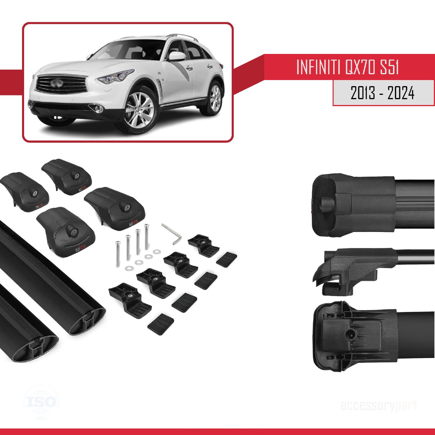 Infiniti QX70 S51 2013 ve Sonrası ile uyumlu ACE-1 Ara Atkı Tavan Barı SİYAH