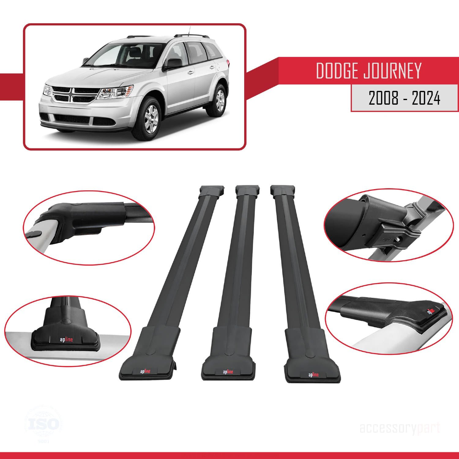 Dodge Journey 2008 ve Sonrası ile Uyumlu FLY Model Ara Atkı Tavan Barı SİYAH 3 ADET BAR