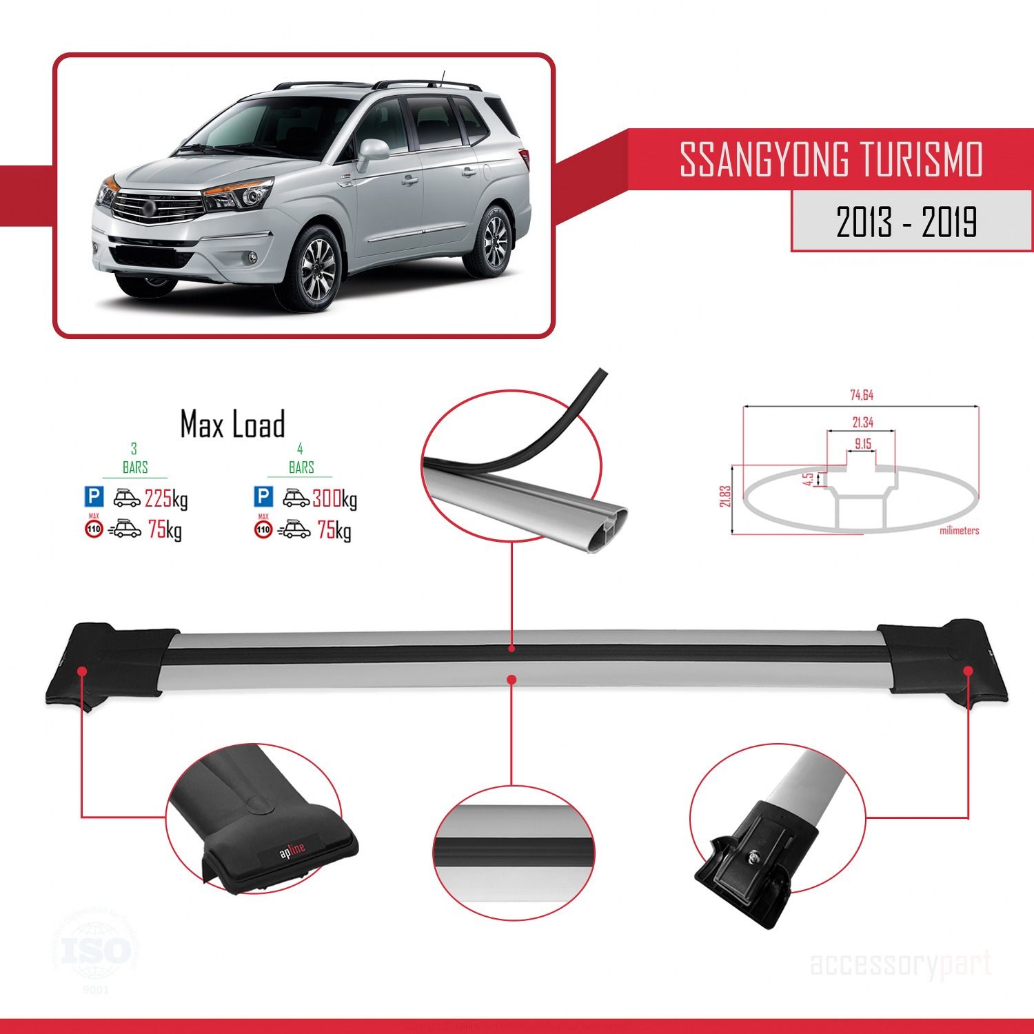 Ssangyong Turismo 2013-2019 Arası ile uyumlu FLY Model Ara Atkı Tavan Barı GRİ 3 ADET BAR
