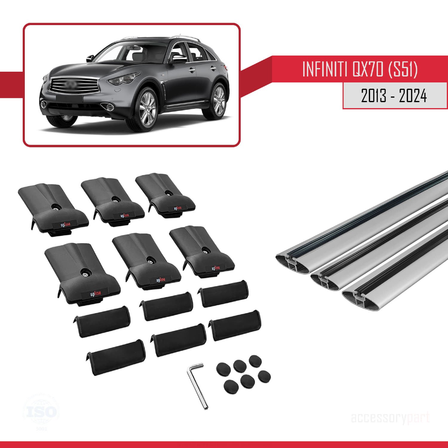 Infiniti QX70 S51 2013 ve Sonrası ile uyumlu FLY Model Ara Atkı Tavan Barı GRİ 3 ADET BAR