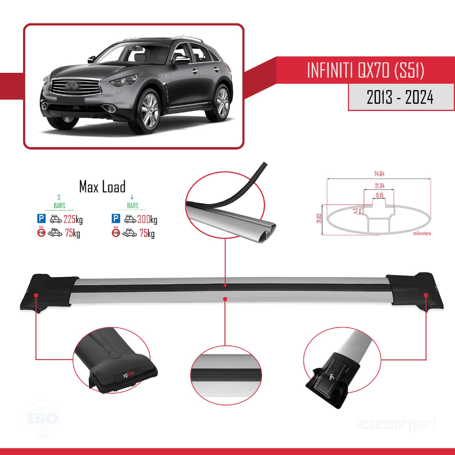 Infiniti QX70 S51 2013 ve Sonrası ile uyumlu FLY Model Ara Atkı Tavan Barı GRİ 3 ADET BAR