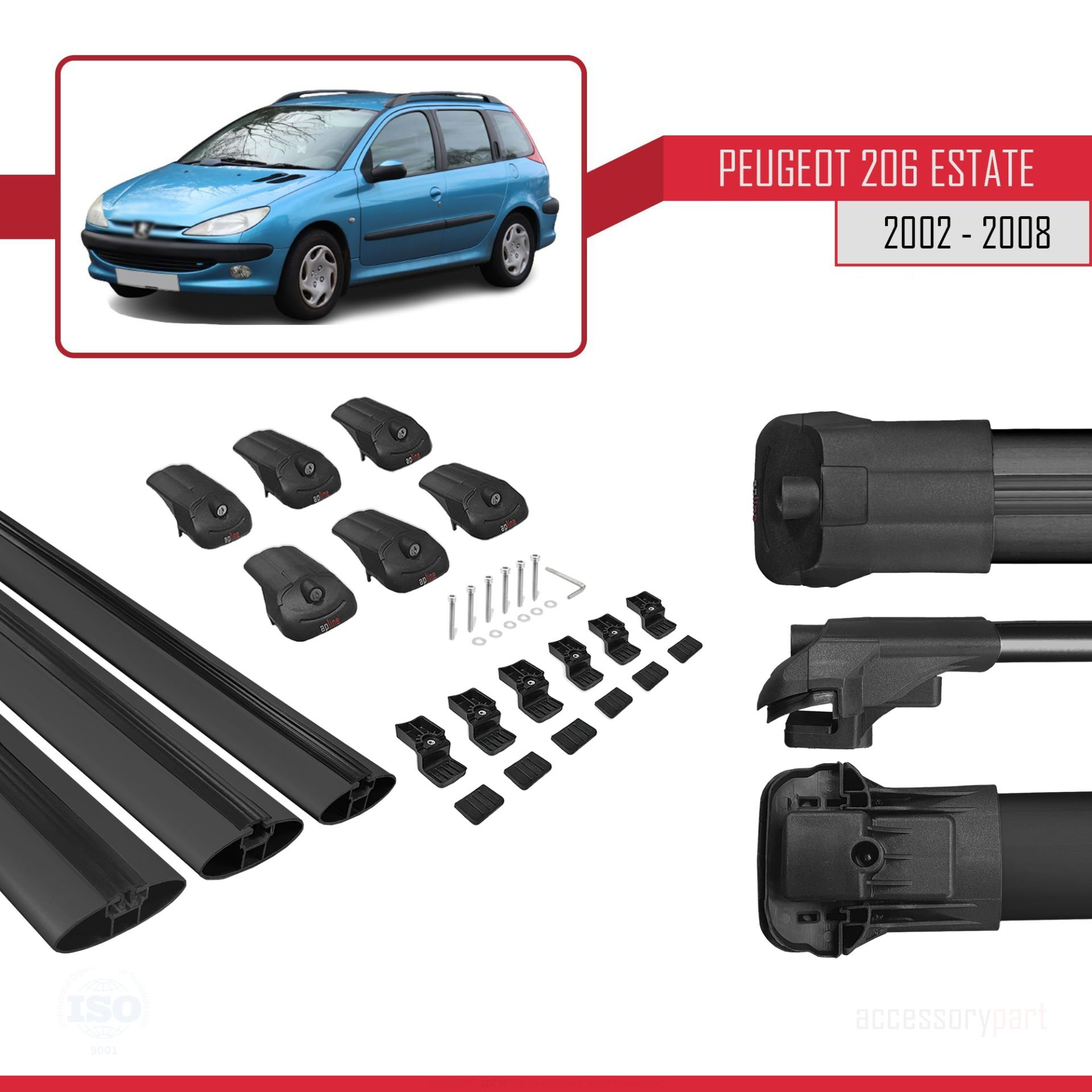 Peugeot 206 Estate 2002-2008 Arası ile uyumlu ACE-1 Ara Atkı Tavan Barı SİYAH 3 ADET BAR