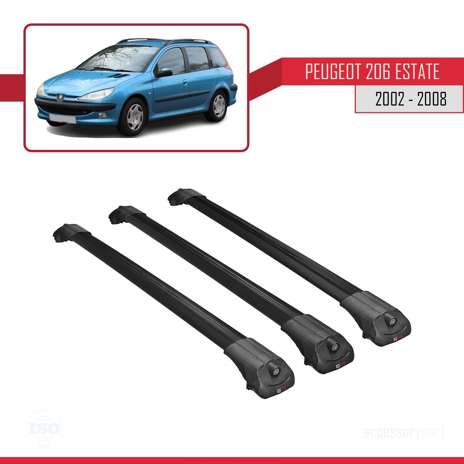 Peugeot 206 Estate 2002-2008 Arası ile uyumlu ACE-1 Ara Atkı Tavan Barı SİYAH 3 ADET BAR