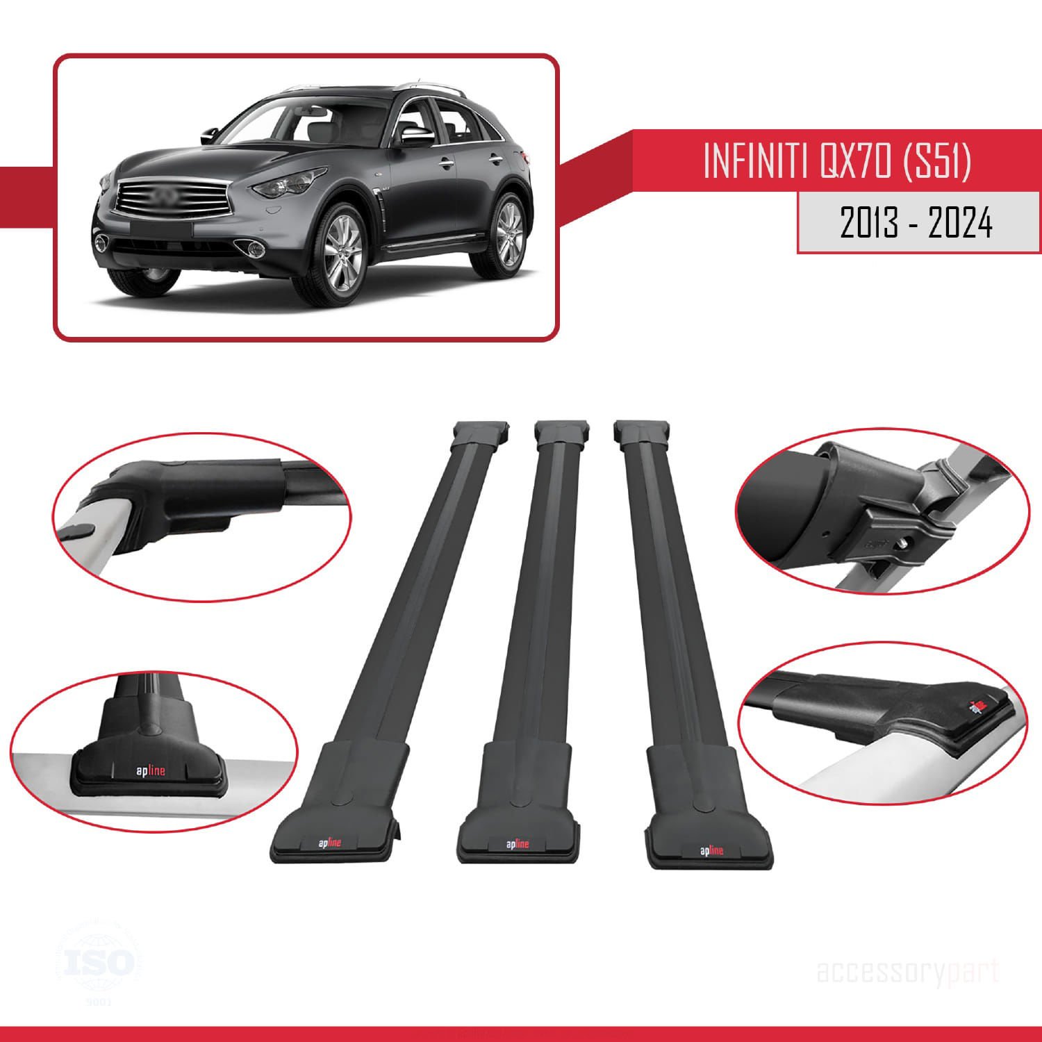Infiniti QX70 S51 2013 ve Sonrası ile uyumlu FLY Model Ara Atkı Tavan Barı SİYAH 3 ADET BAR