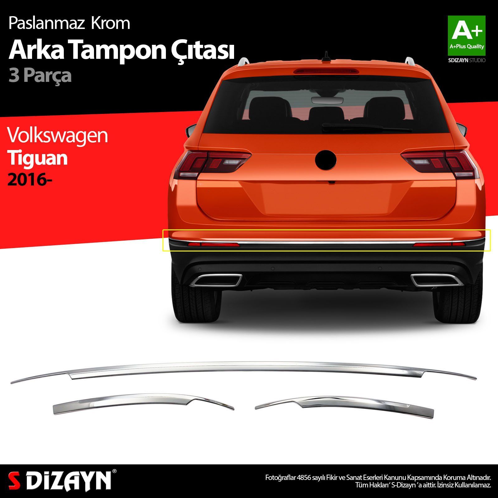VW Tiguan Krom Arka Tampon Alt Çıtası 3 Prç. 2016-2020