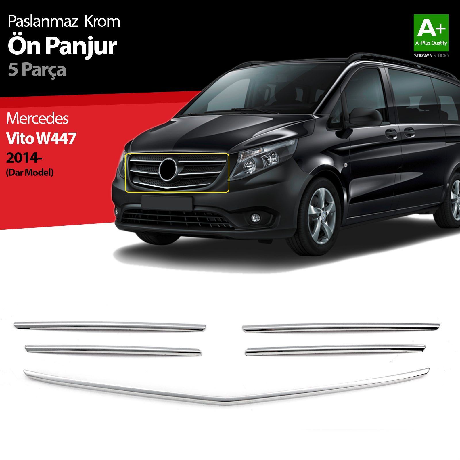 Mercedes Vito Uyumlu W447 Krom Ön Panjur Dar Model 5 Parça. 2014-2020