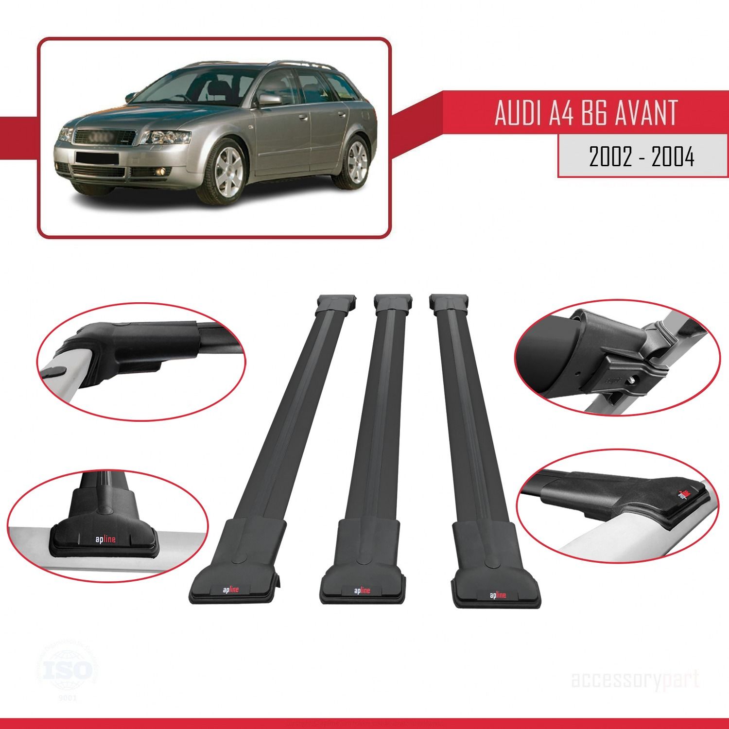 Audi A4 (B6) AVANT 2002-2004 Arası ile Uyumlu FLY Model Ara Atkı Tavan Barı SİYAH 3 ADET BAR