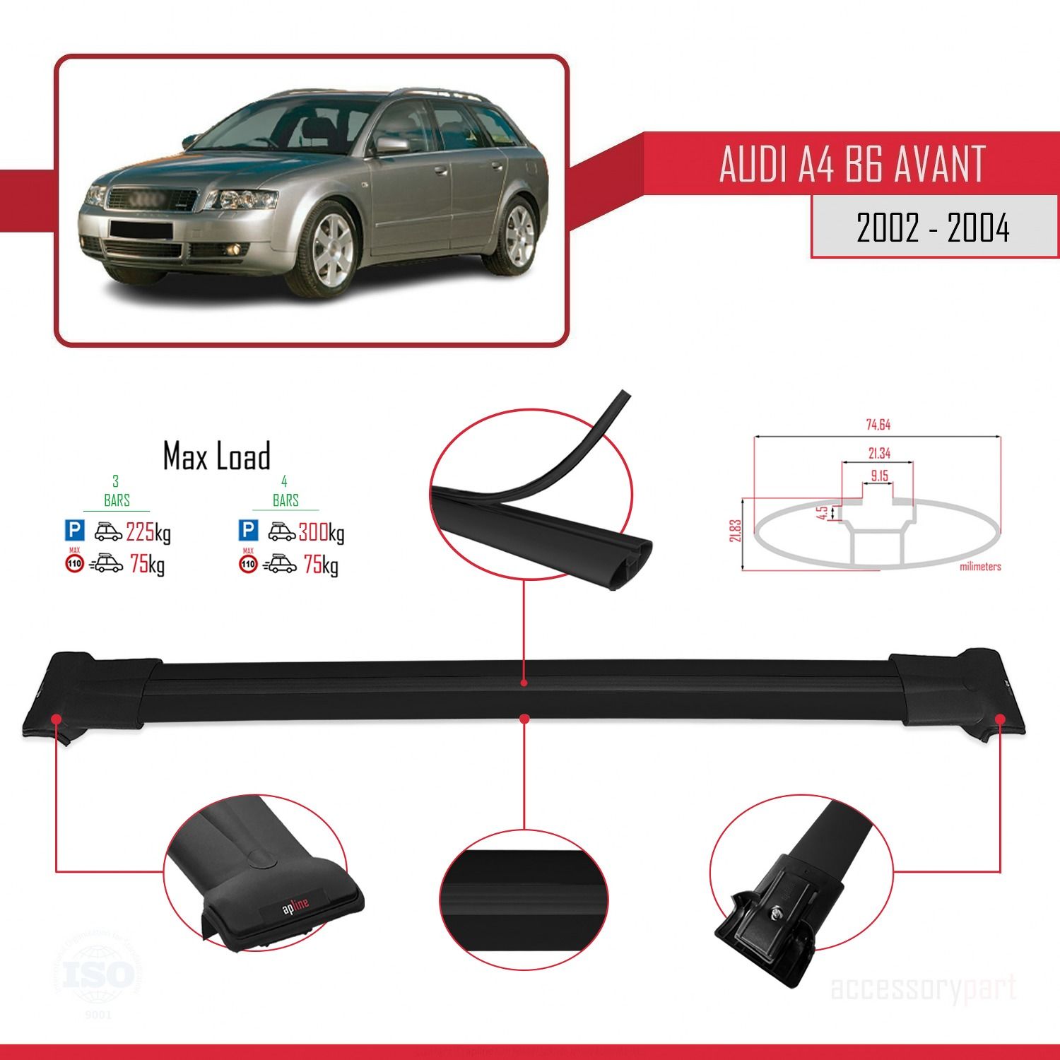 Audi A4 (B6) AVANT 2002-2004 Arası ile Uyumlu FLY Model Ara Atkı Tavan Barı SİYAH 3 ADET BAR