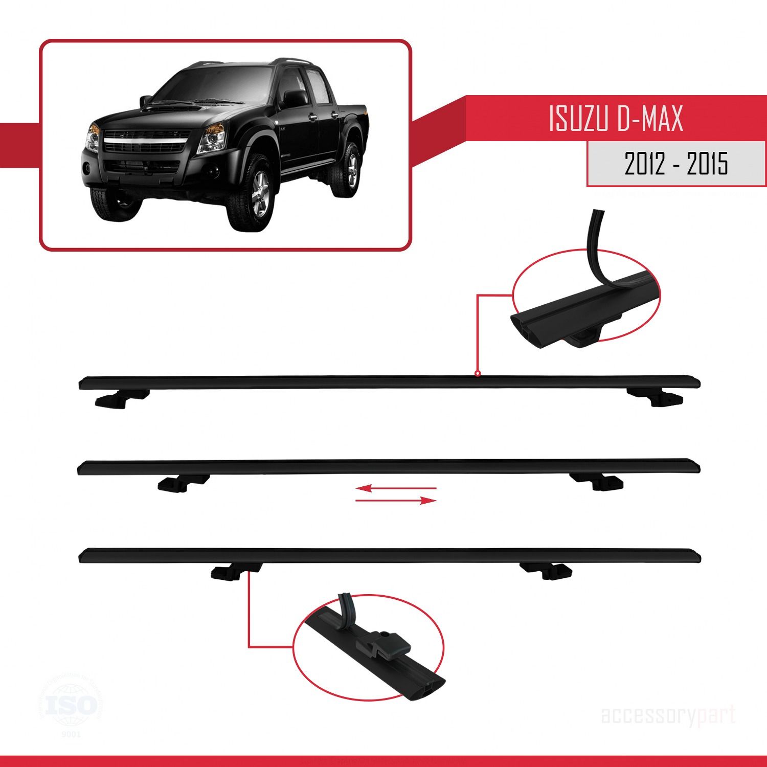 Isuzu D-Max 2012-2015 ile uyumlu Basic Model Ara Atkı Tavan Barı SİYAH 3 ADET