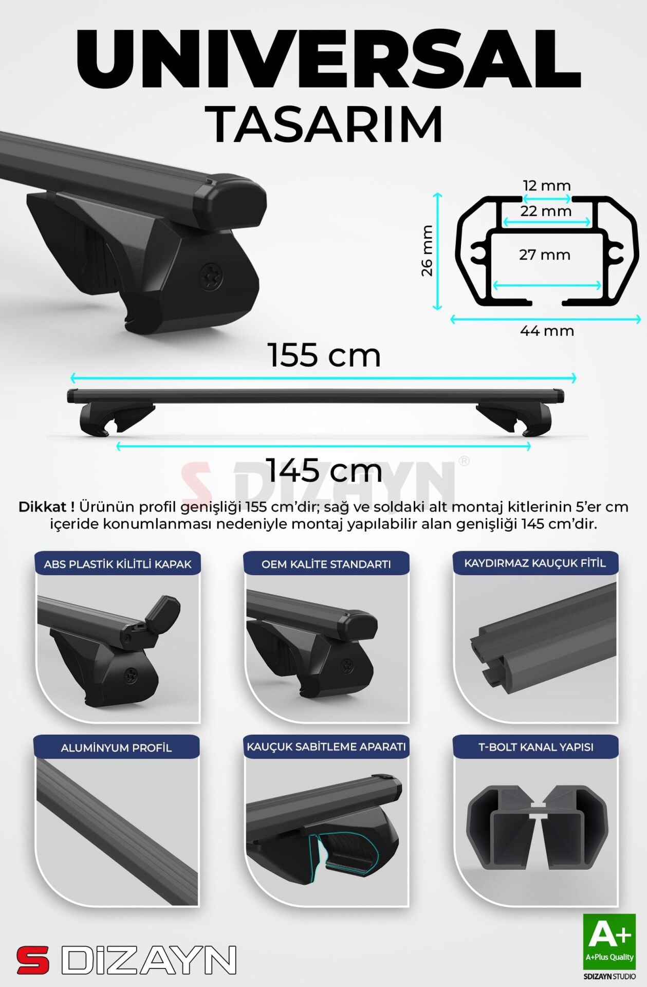 S-Dizayn VW Caravelle S-Bar Atlas V1 Ara Atkı Tavan Taşıyıcı Barı Siyah 155 Cm 2004-2015 A+ Kalite