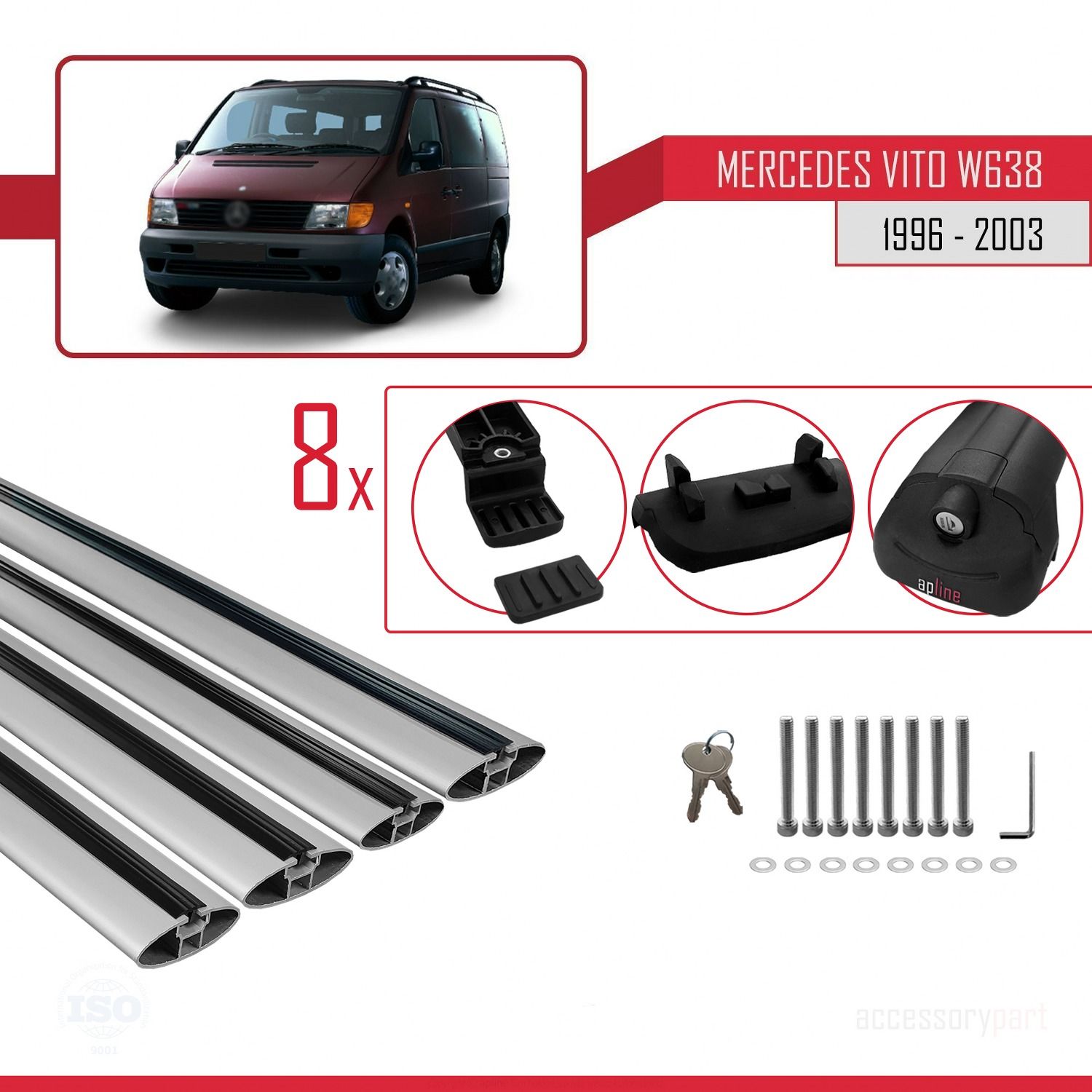 Mercedes Vito (W638) 1996-2003 Arası ile uyumlu ACE-1 Ara Atkı Tavan Barı GRİ 4 ADET BAR