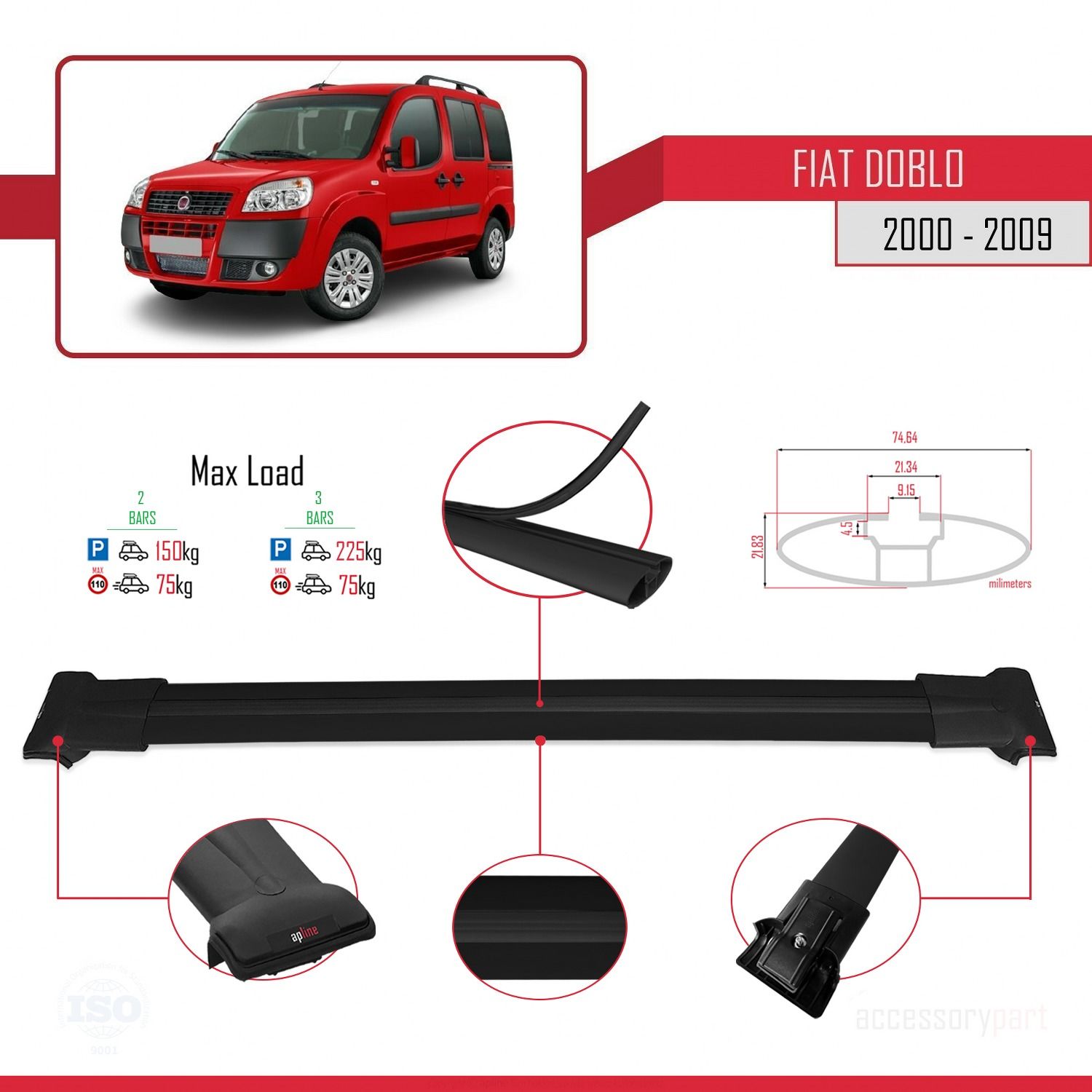 Fiat Doblo 2000-2009 Arası ile uyumlu FLY Model Ara Atkı Tavan Barı SİYAH