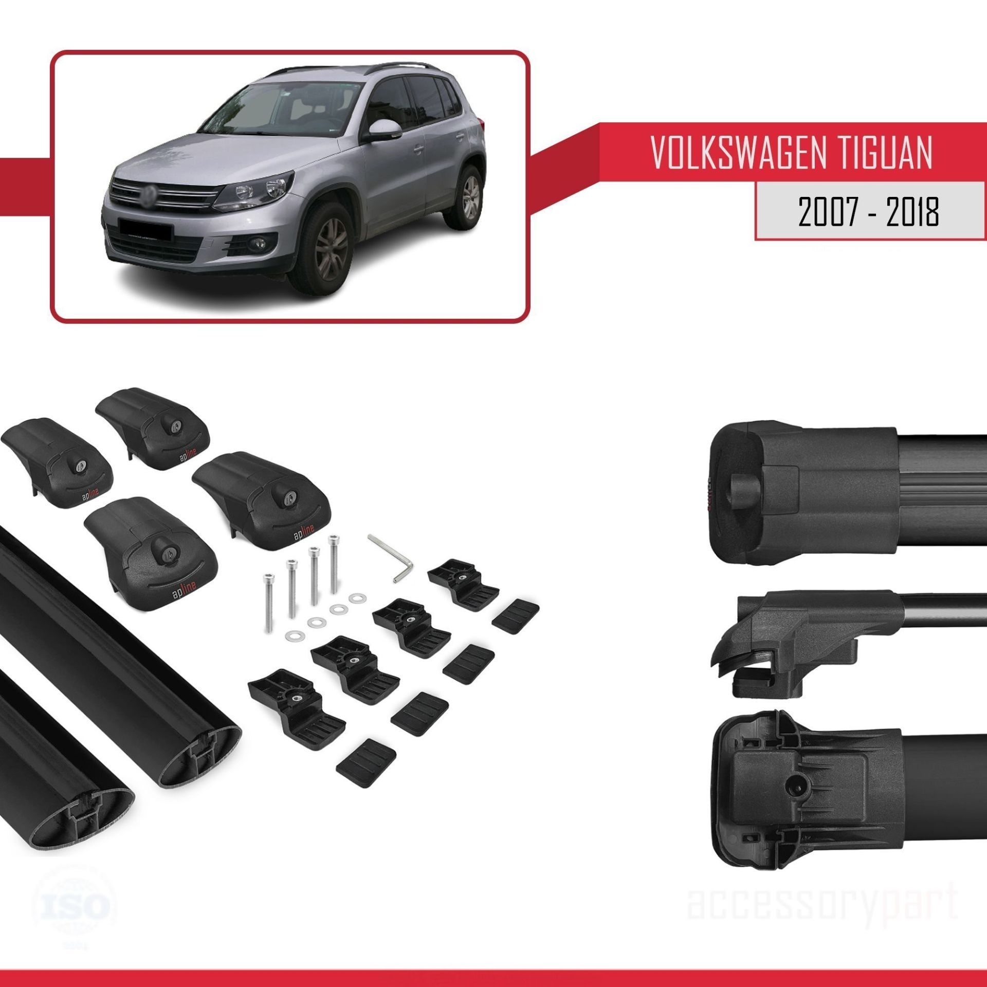 Volkswagen Tiguan 2007-2016 Arası ile uyumlu ACE-1 Ara Atkı Tavan Barı SİYAH