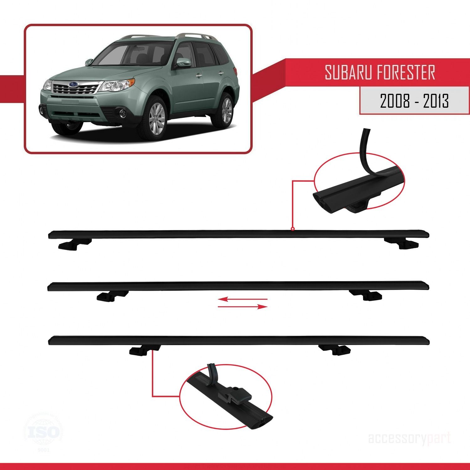 Subaru Forester 2008-2013 Arası ile uyumlu Basic Model Ara Atkı Tavan Barı SİYAH 3 ADET