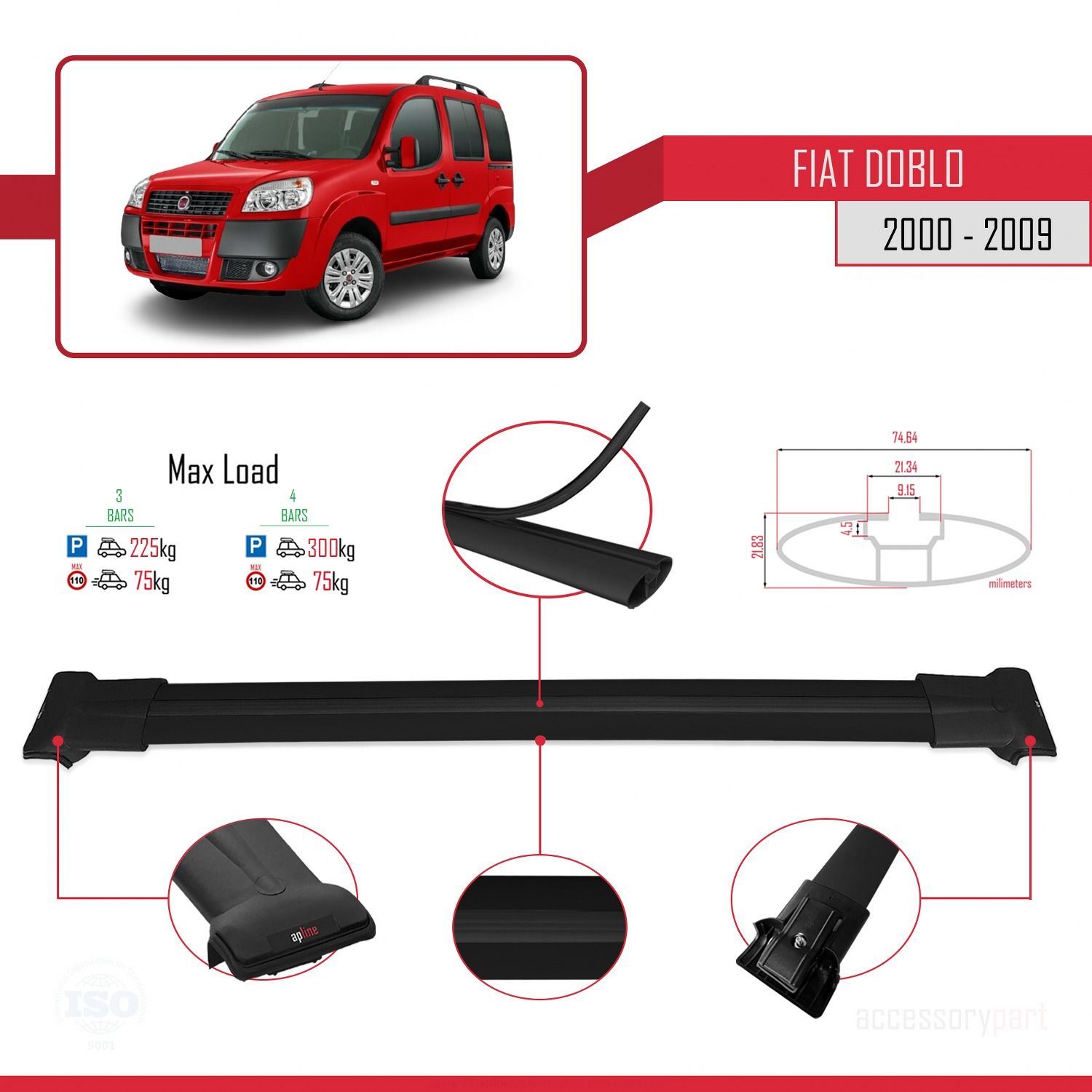 Fiat Doblo 2000-2009 Arası ile uyumlu FLY Model Ara Atkı Tavan Barı SİYAH 3 ADET BAR