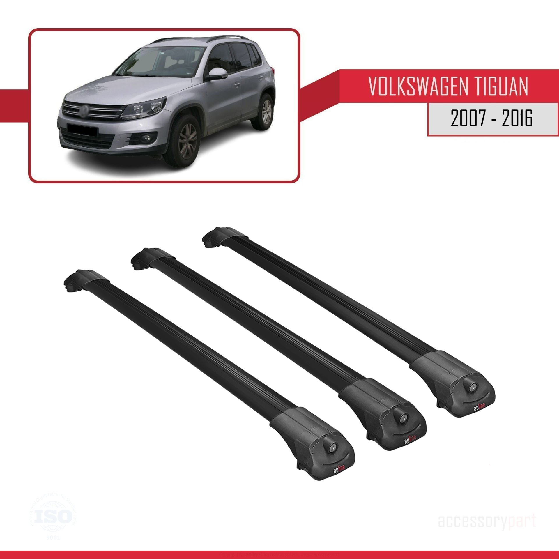 Volkswagen Tiguan 2007-2016 Arası ile uyumlu ACE-1 Ara Atkı Tavan Barı SİYAH 3 ADET BAR