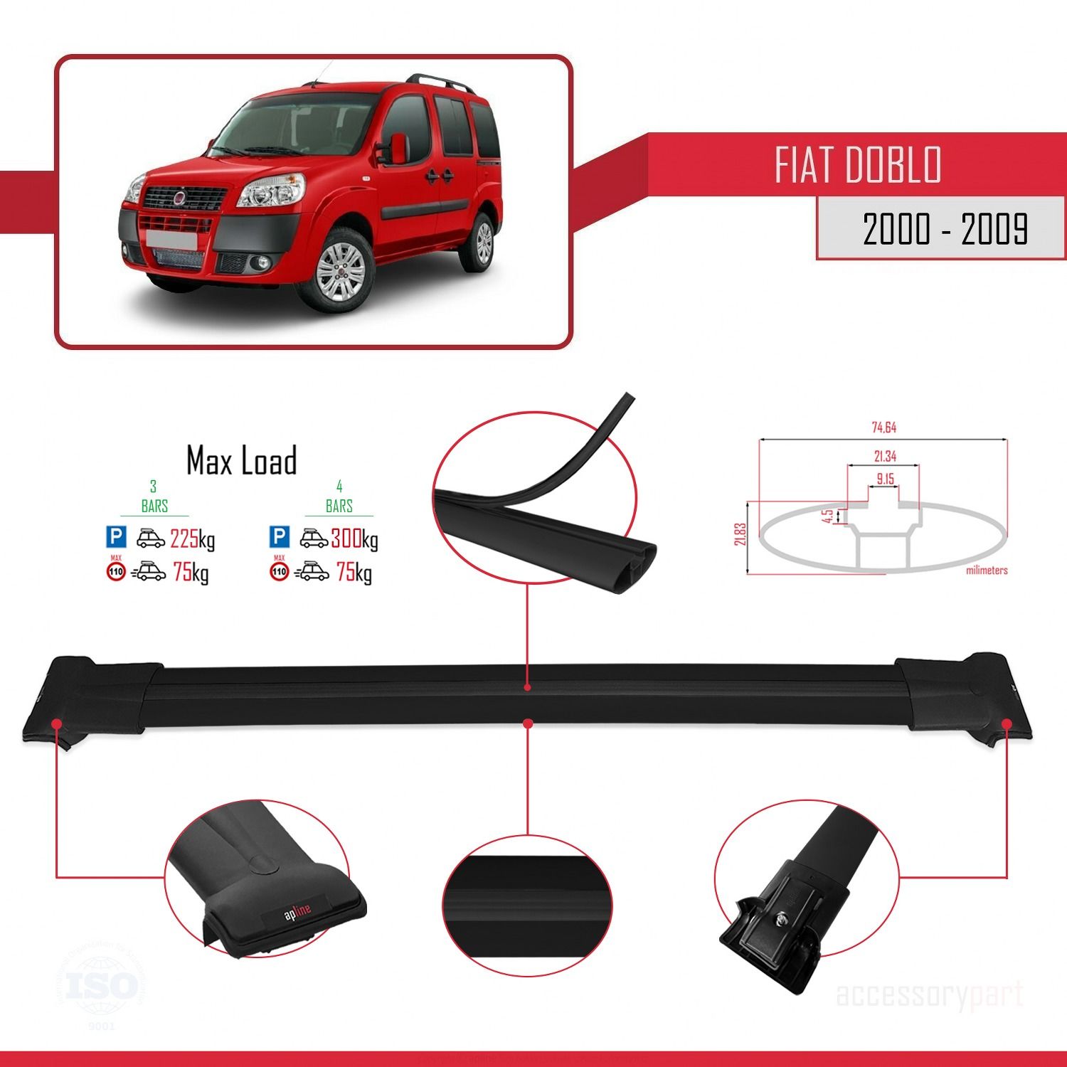 Fiat Doblo 2000-2009 Arası ile uyumlu FLY Model Ara Atkı Tavan Barı SİYAH 4 ADET BAR