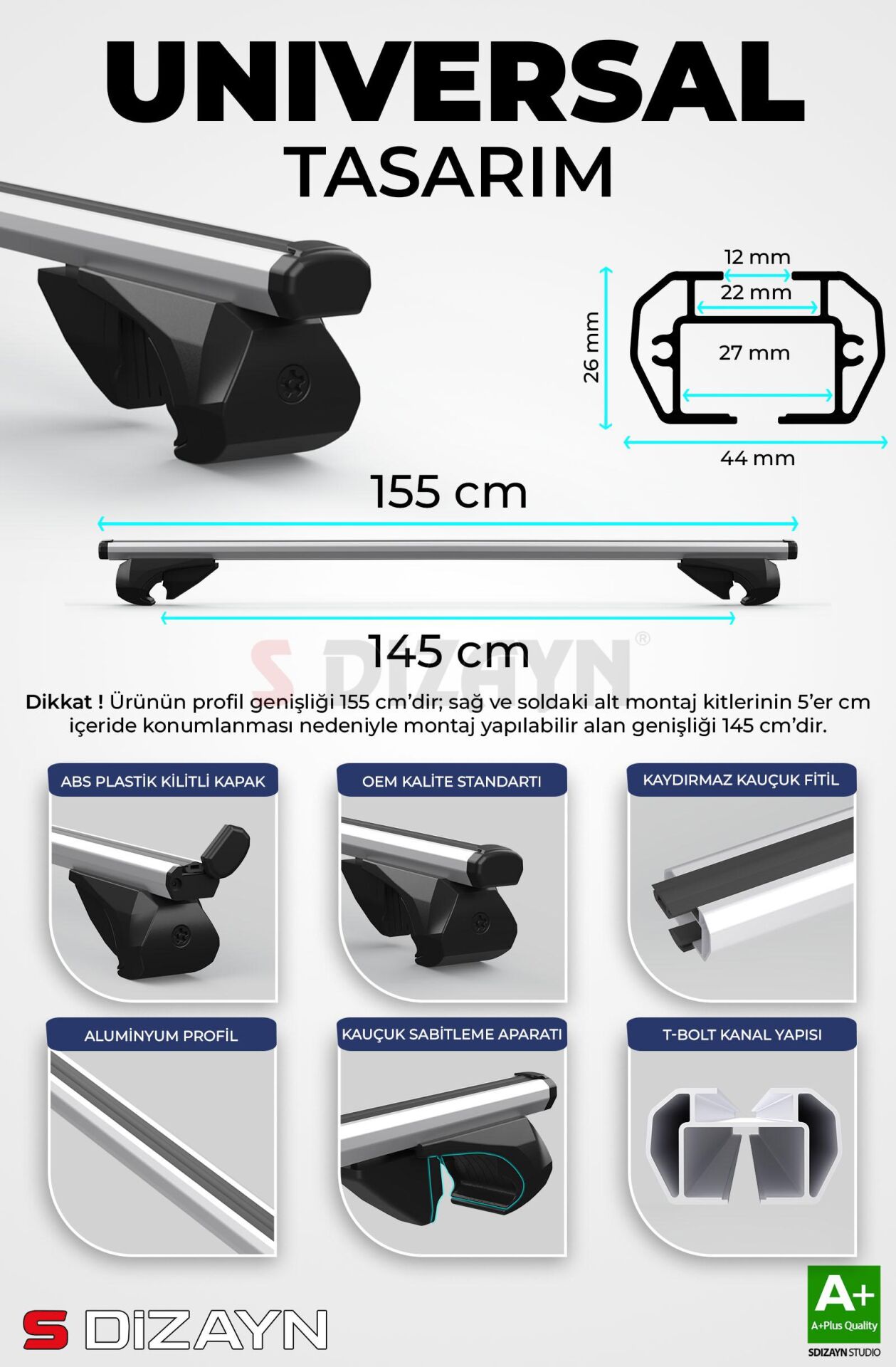 S-Dizayn VW Transporter T7 S-Bar Atlas V1 Ara Atkı Tavan Taşıyıcı Barı Gri 155 Cm 2023 Üzeri A+ Kalite