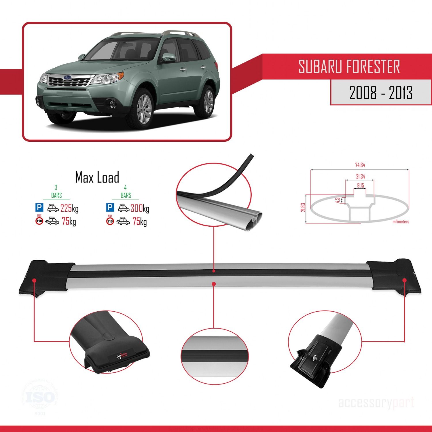 Subaru Forester 2008-2013 Arası ile Uyumlu FLY Model Ara Atkı Tavan Barı GRİ 3 ADET BAR