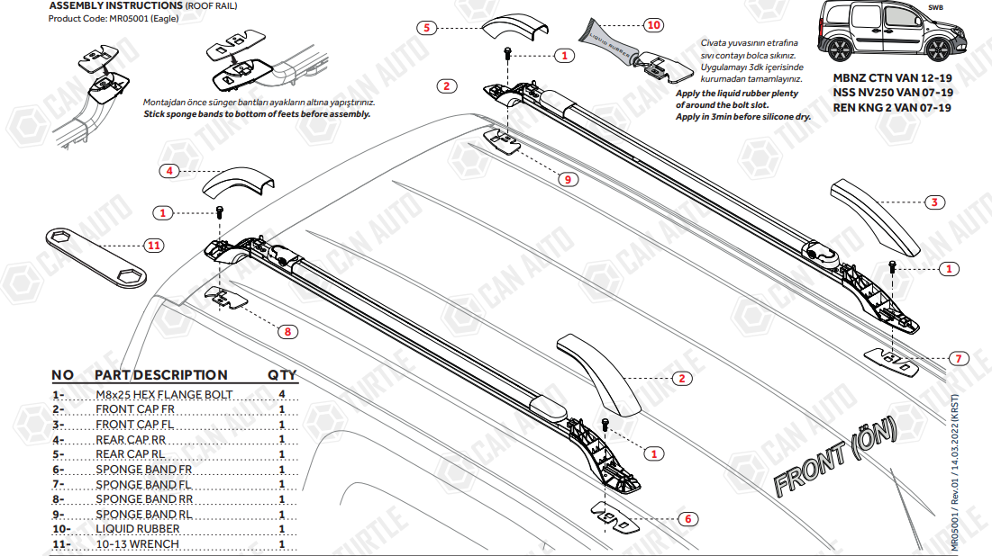 Mercedes-Benz Citan Uyumlu 2012-2019 Turtle Eagle Tavan Çıtası Siyah Parça