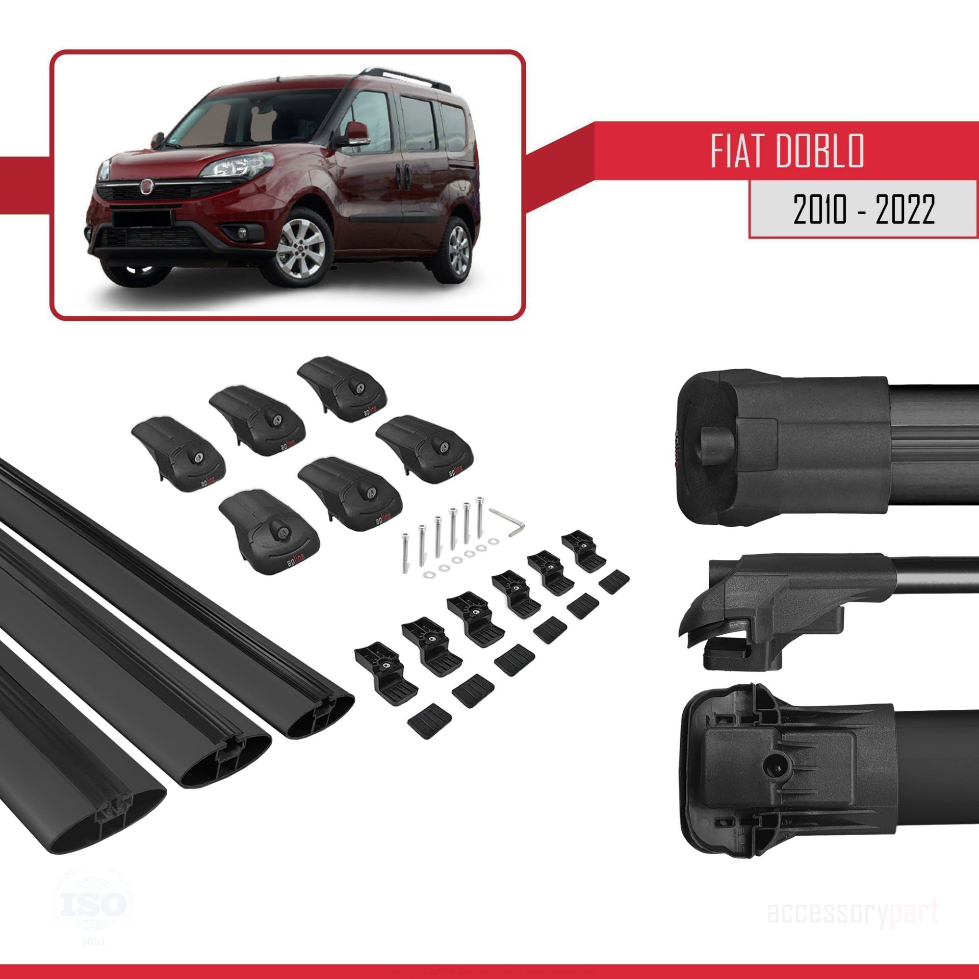 Fiat Doblo 2010-2022 Arası ile uyumlu ACE-1 Ara Atkı Tavan Barı SİYAH 3 ADET BAR