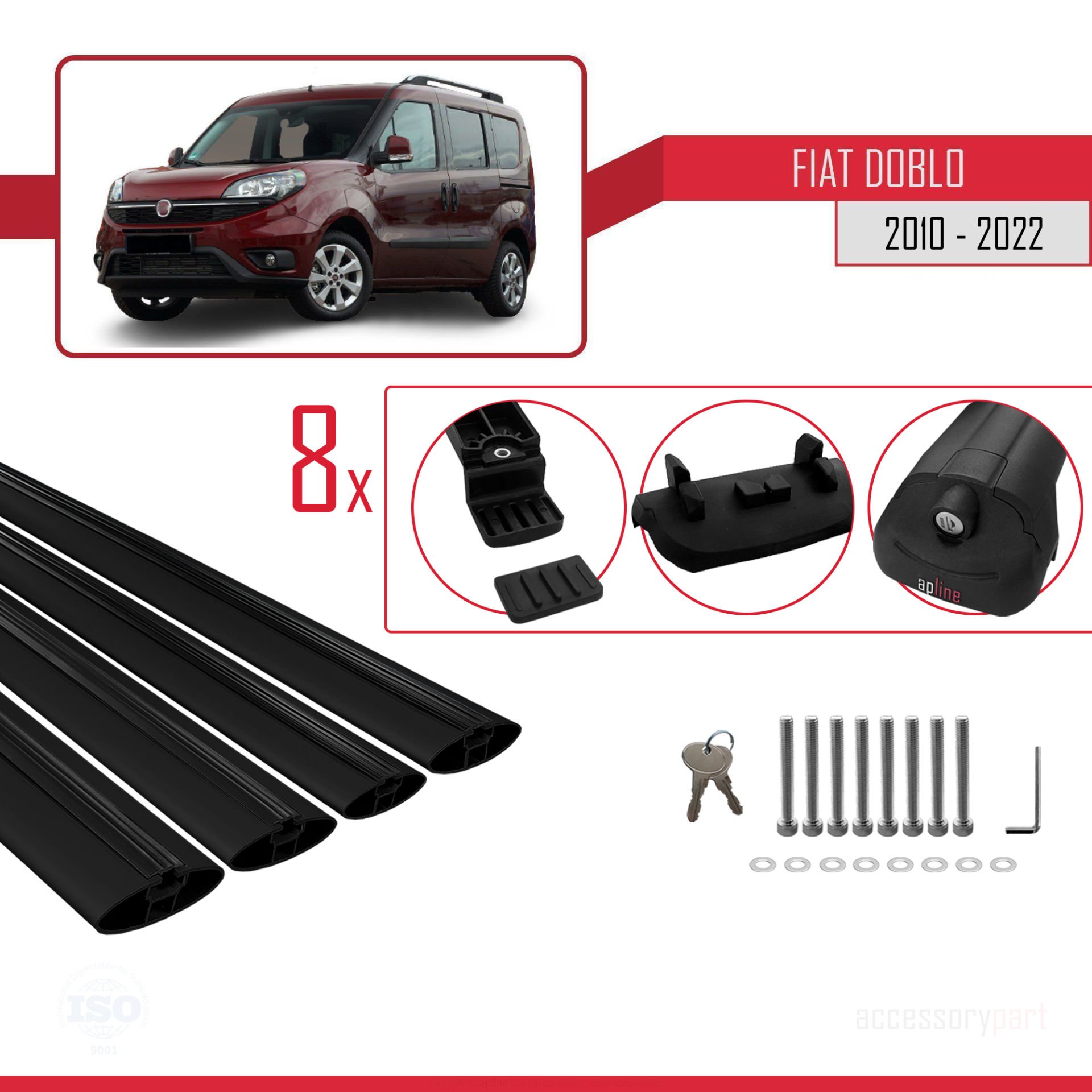 Fiat Doblo 2010-2022 Arası ile uyumlu ACE-1 Ara Atkı Tavan Barı SİYAH 4 ADET BAR