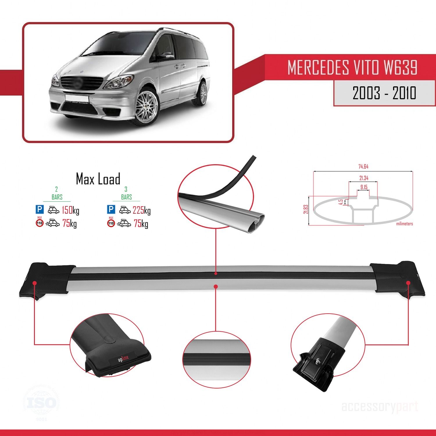 Mercedes Vito (W639) 2003-2010 Arası ile uyumlu FLY Model Ara Atkı Tavan Barı GRİ