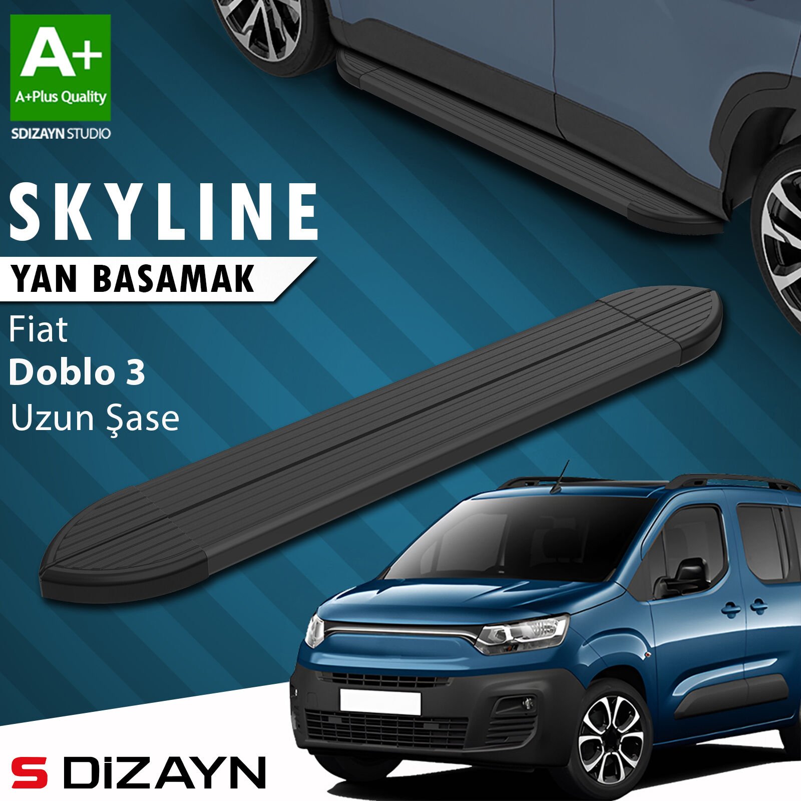 S-Dizayn Fiat Doblo 3 Uzun Şase Skyline Siyah Yan Basamak 213 Cm 2023 Üzeri A+ Kalite