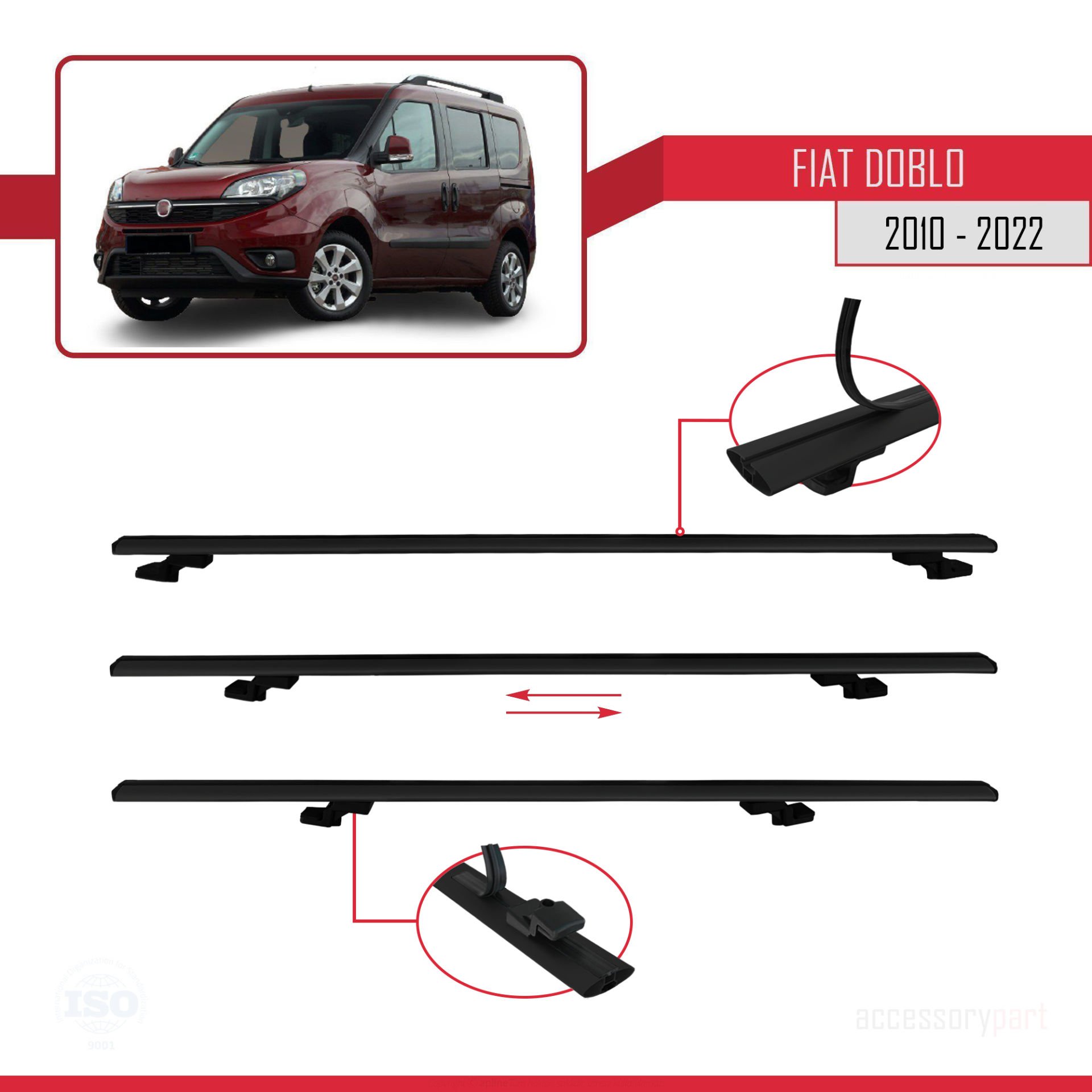 Fiat Doblo 2010-2022 Arası ile uyumlu Basic Model Ara Atkı Tavan Barı SİYAH 3 ADET
