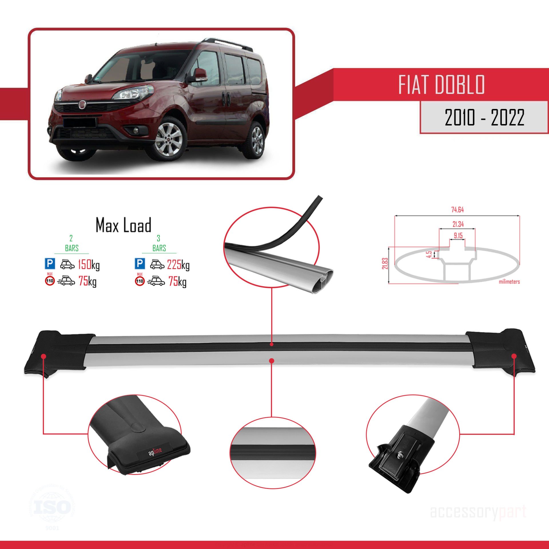 Fiat Doblo 2010-2022 Arası ile uyumlu FLY Model Ara Atkı Tavan Barı GRİ